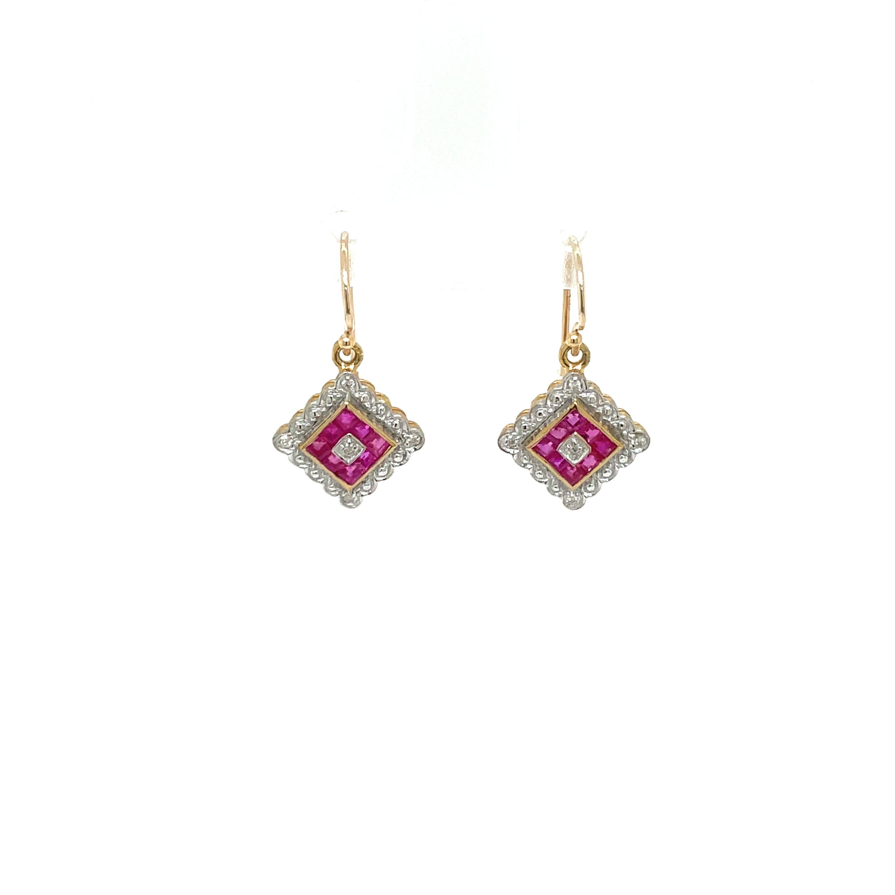 9ct Yellow Gold Ruby and Diamond Art Deco Drop Earrings