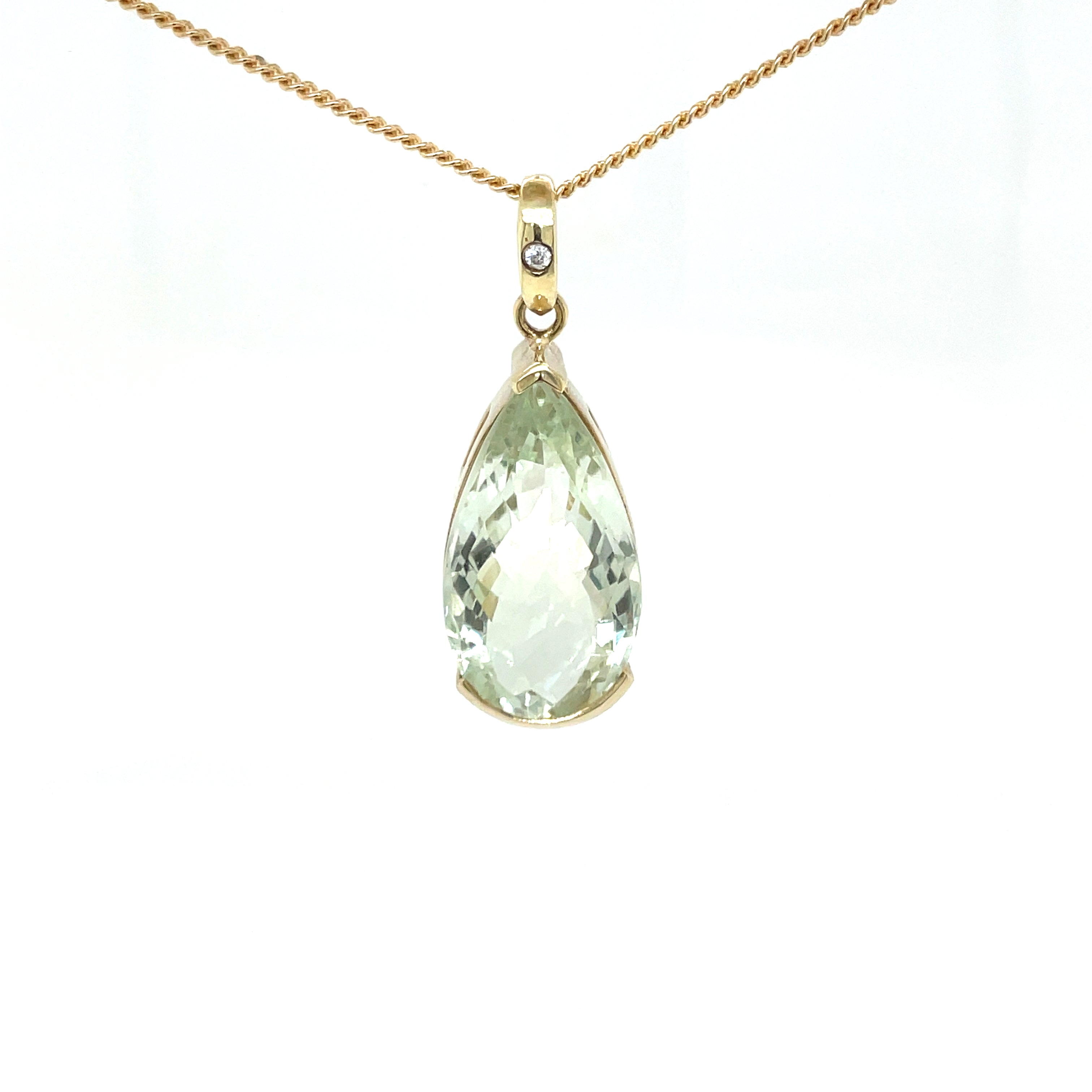 9ct Yellow Gold Pear Green Amethyst and Diamond Pendant