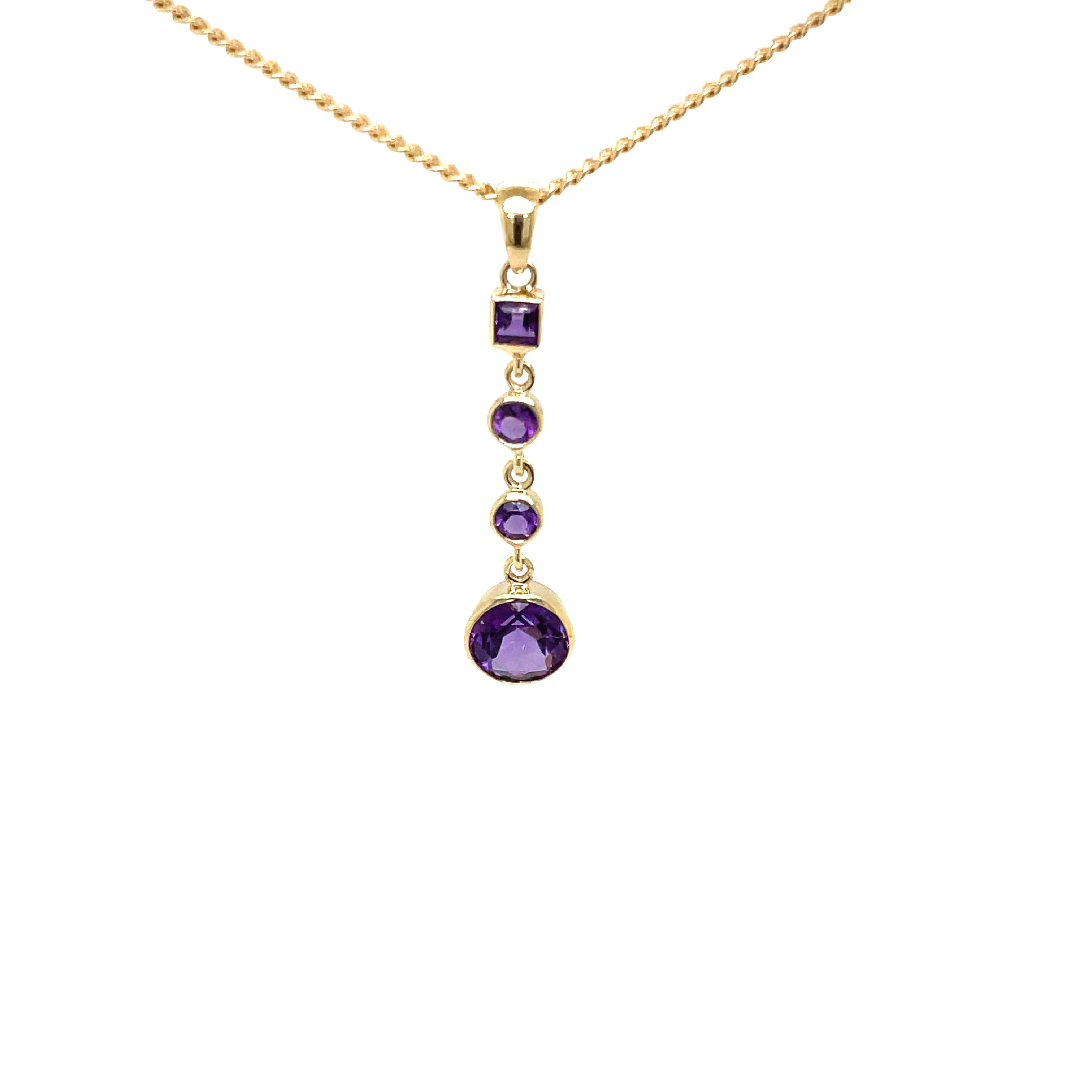 9ct Yellow Gold Amethyst Long Drop Pendant