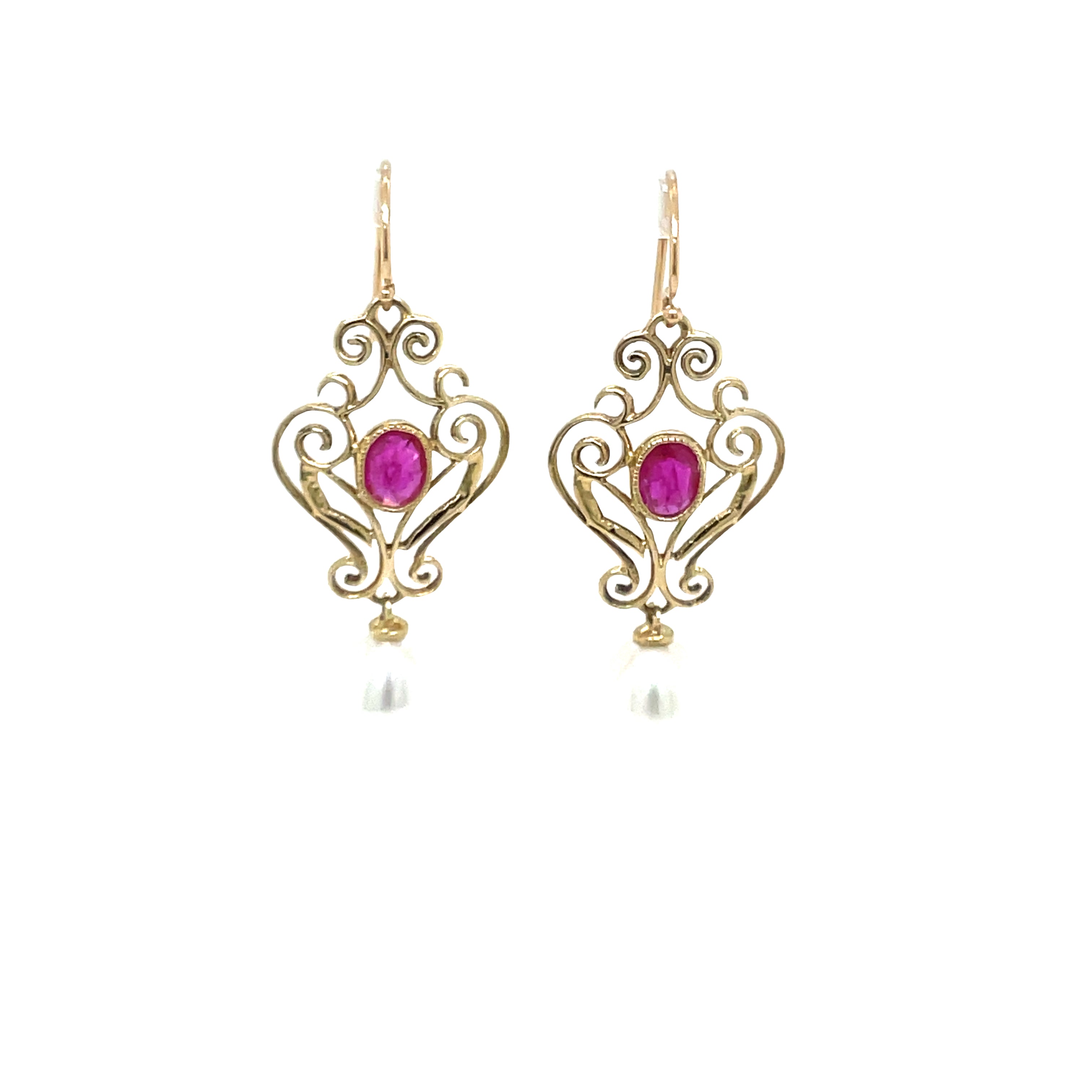 9ct Yellow Gold Ruby and Pearl Vintage Drop Earrings