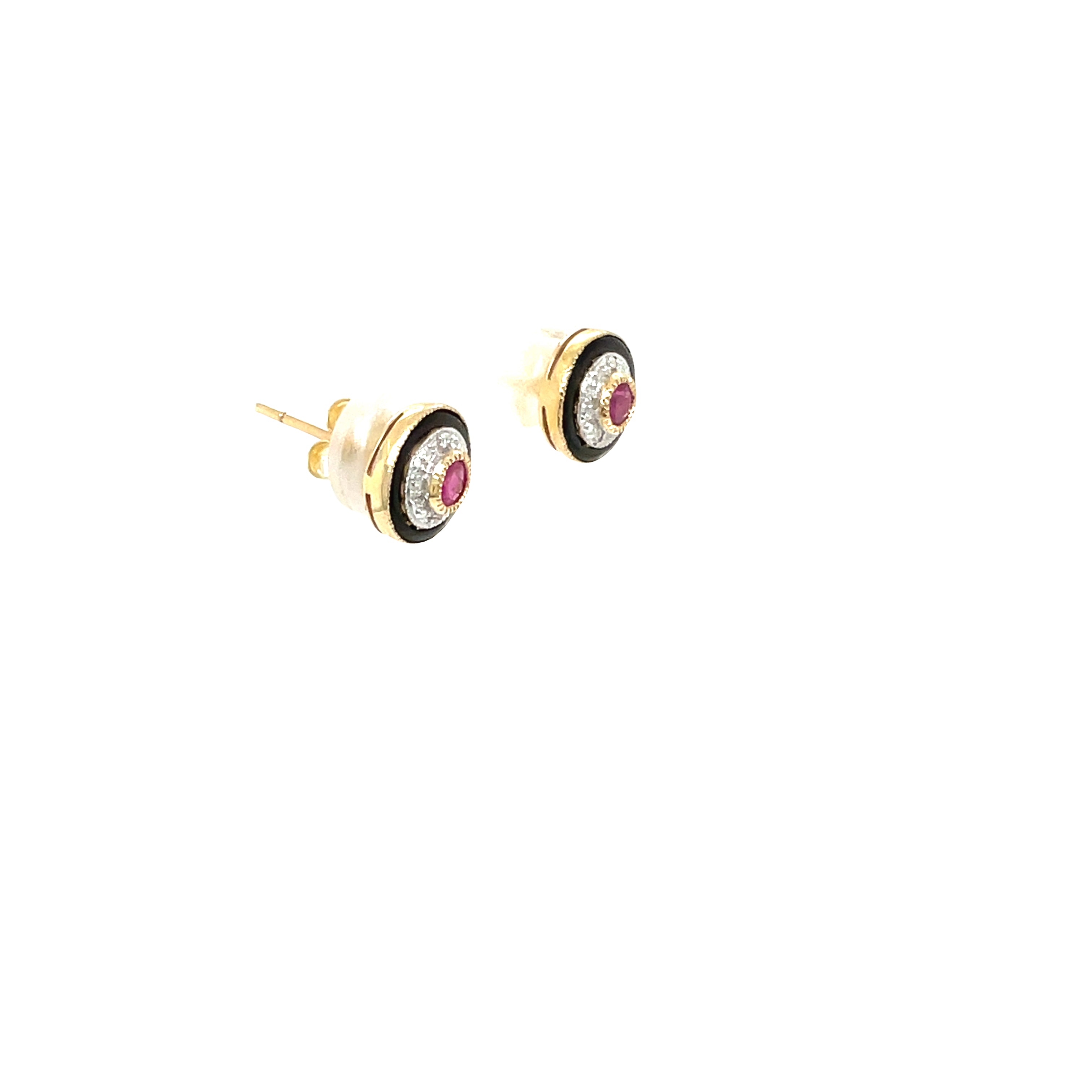 9ct Yellow Gold Natural Ruby, Diamond and Black Enamel Stud Earrings