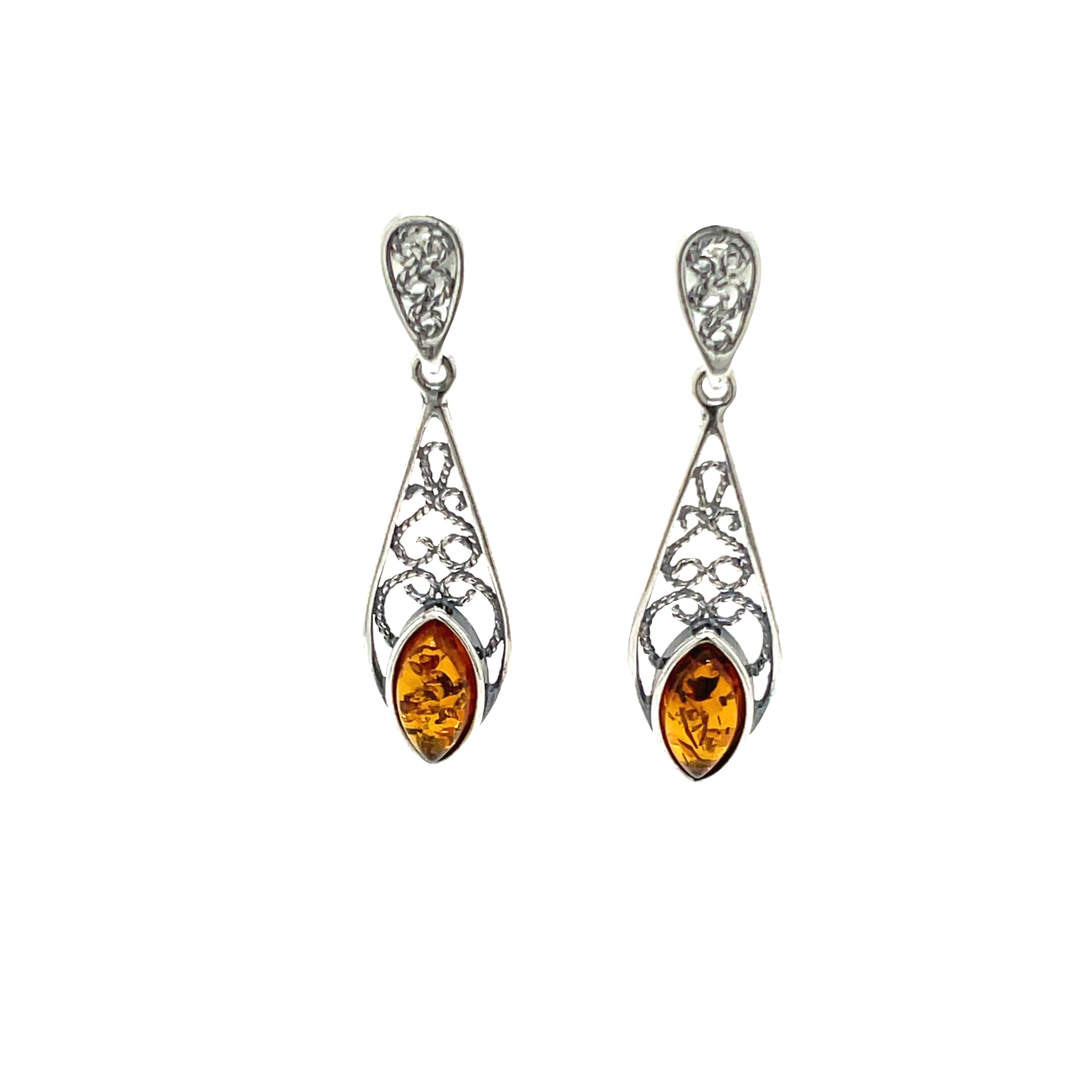 Sterling Silver Marquise Amber Drop Earrings