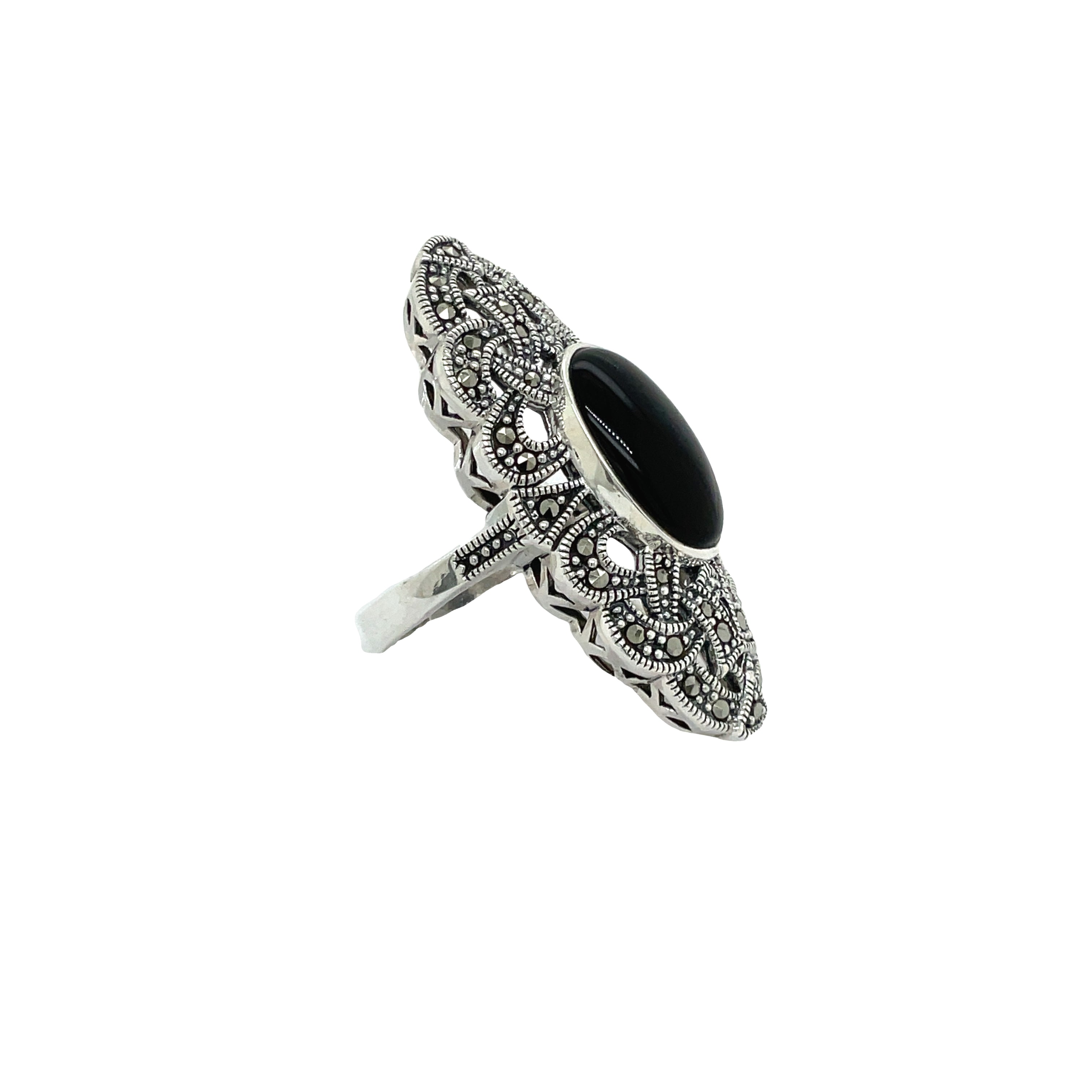 Sterling Silver Black Onyx and Marcasite Elongated Dress Ring