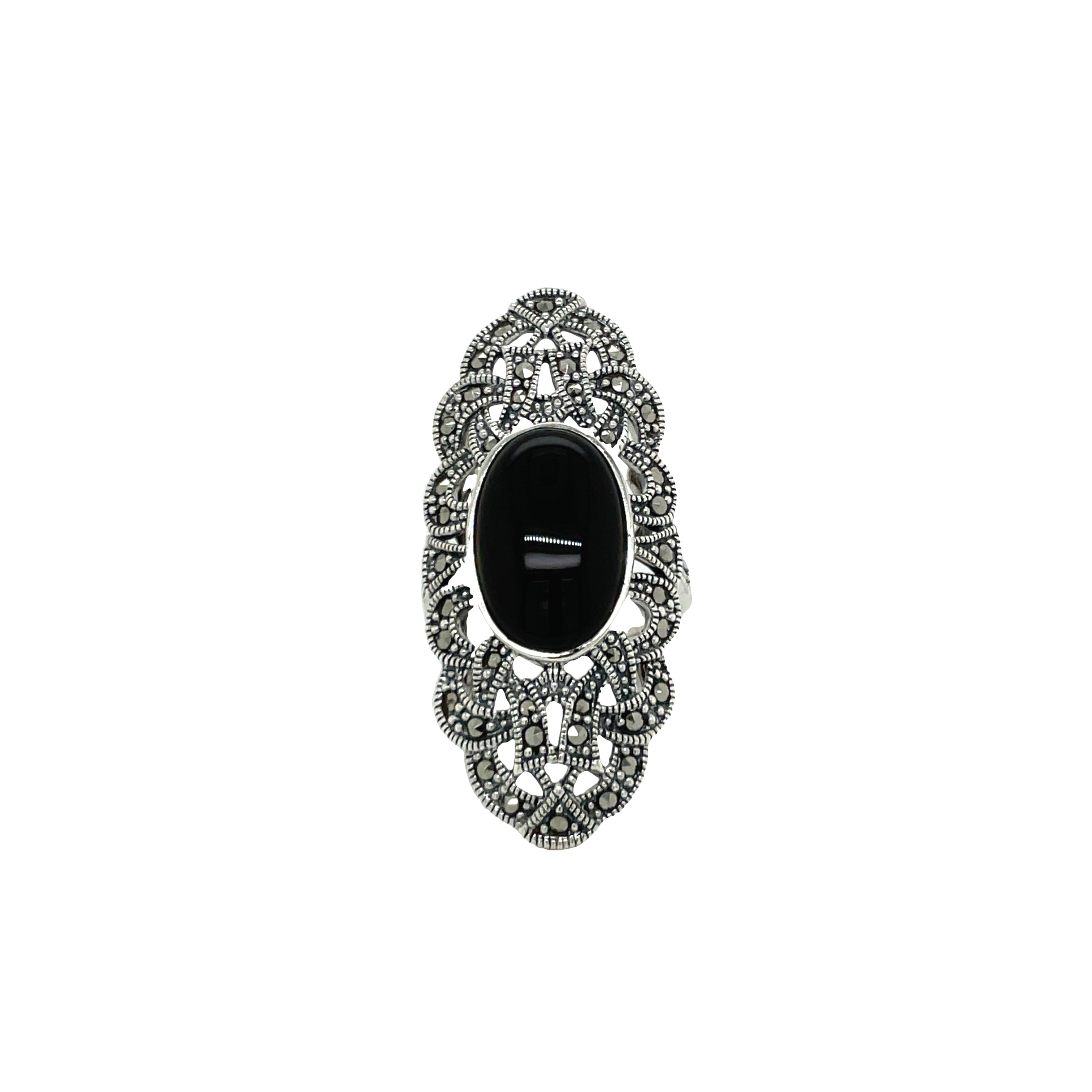 Sterling Silver Black Onyx and Marcasite Elongated Dress Ring