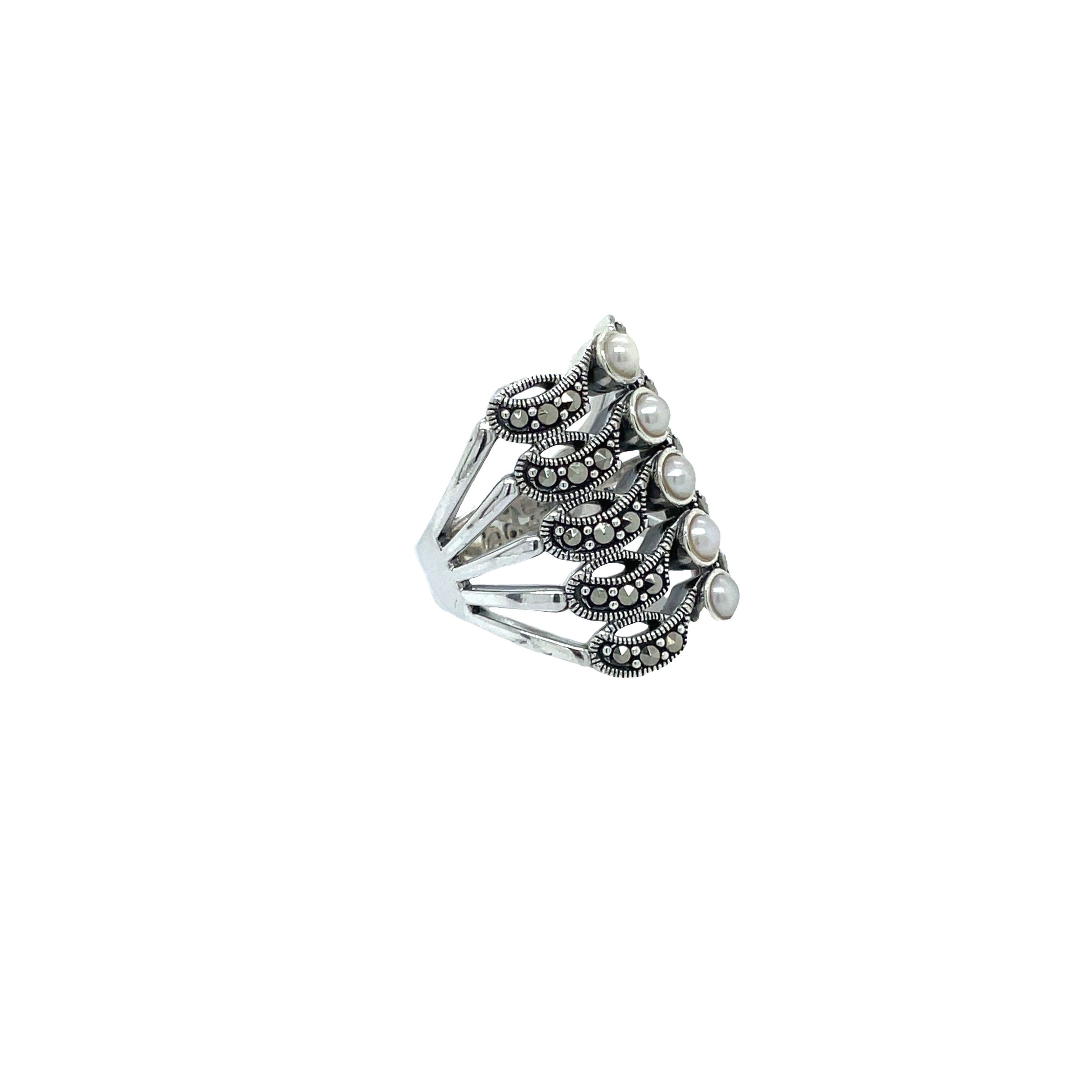 Sterling Silver Freshwater Pearl and Marcasite Dress Ring