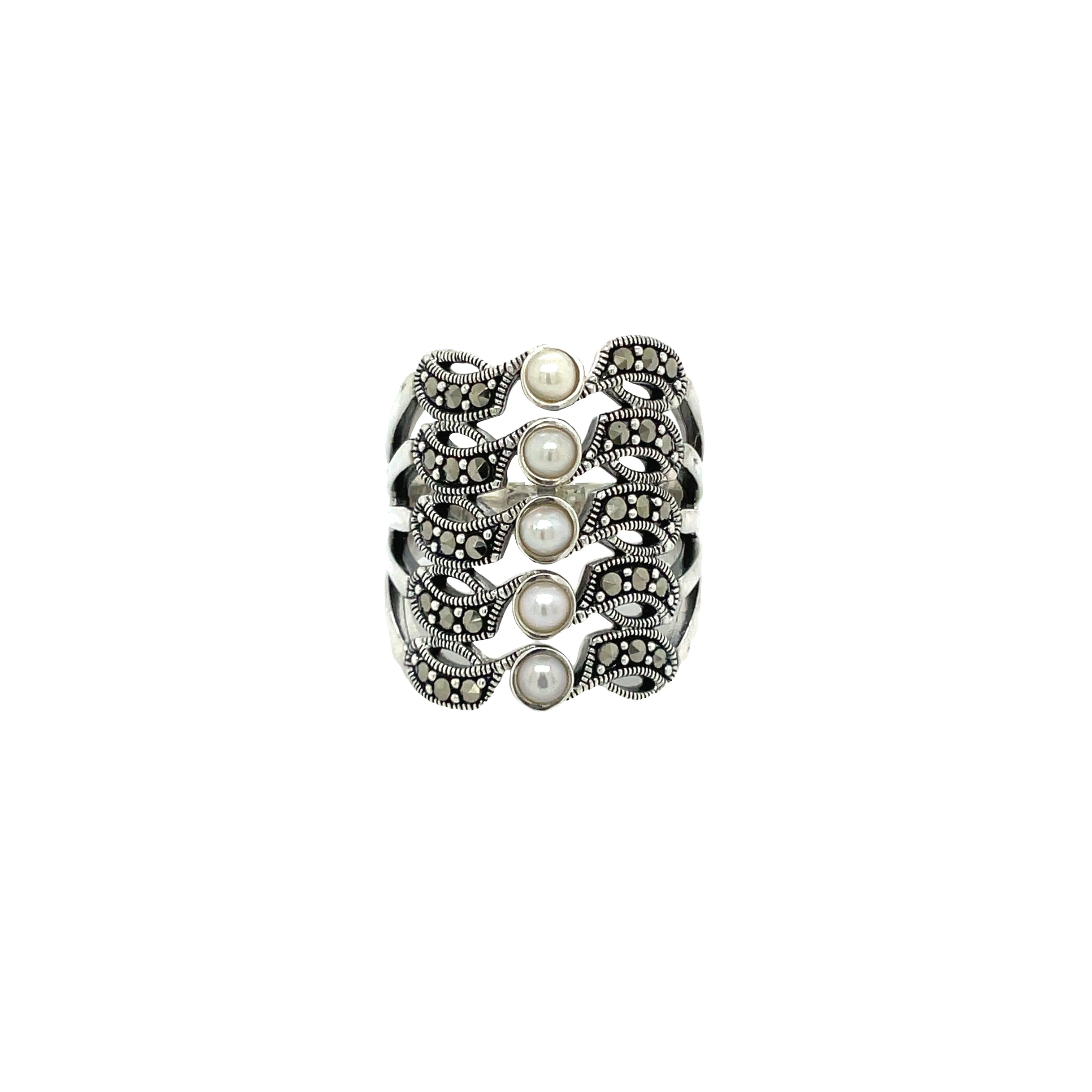 Sterling Silver Freshwater Pearl and Marcasite Dress Ring