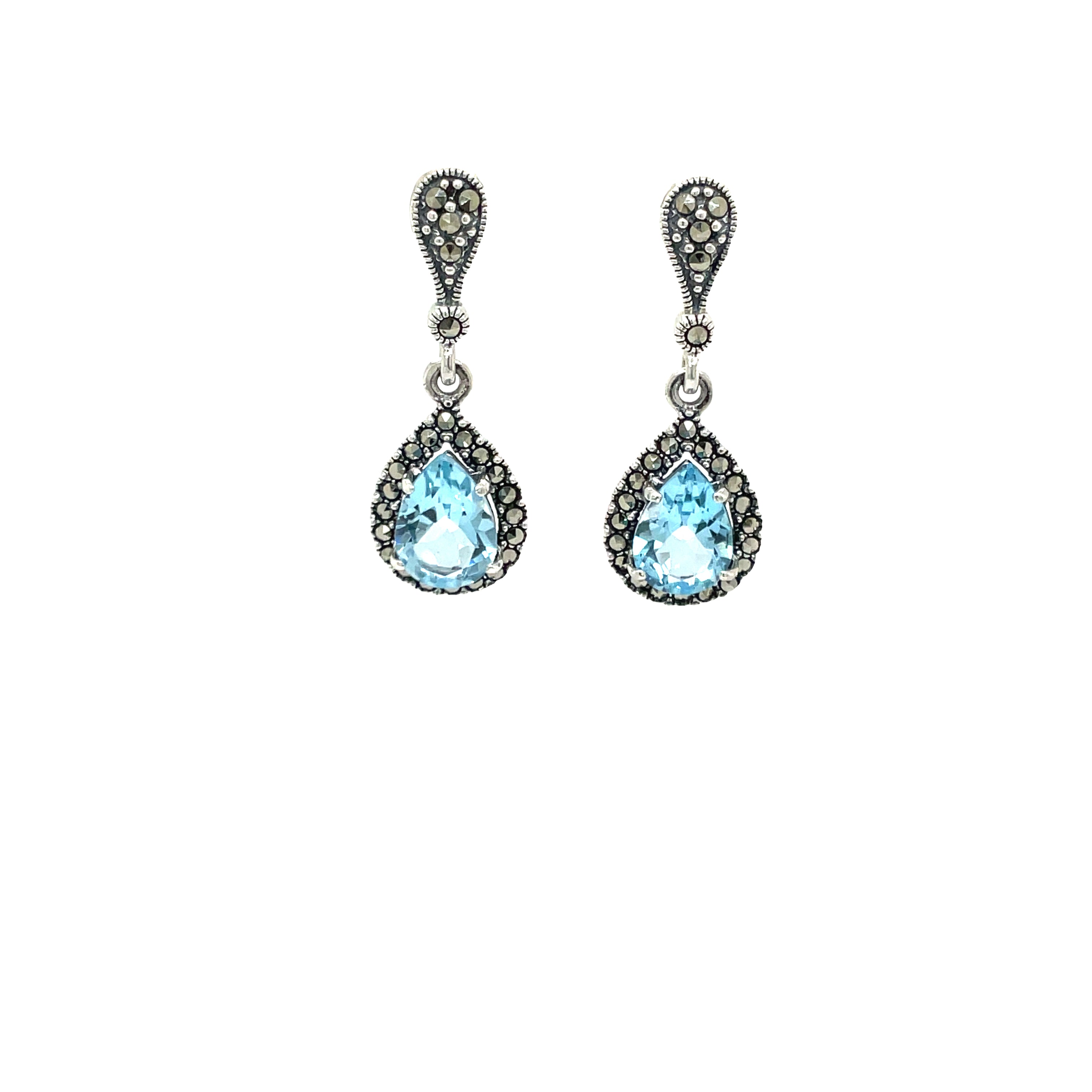 Sterling Silver Pear Blue Topaz and Marcasite Drop Earrings