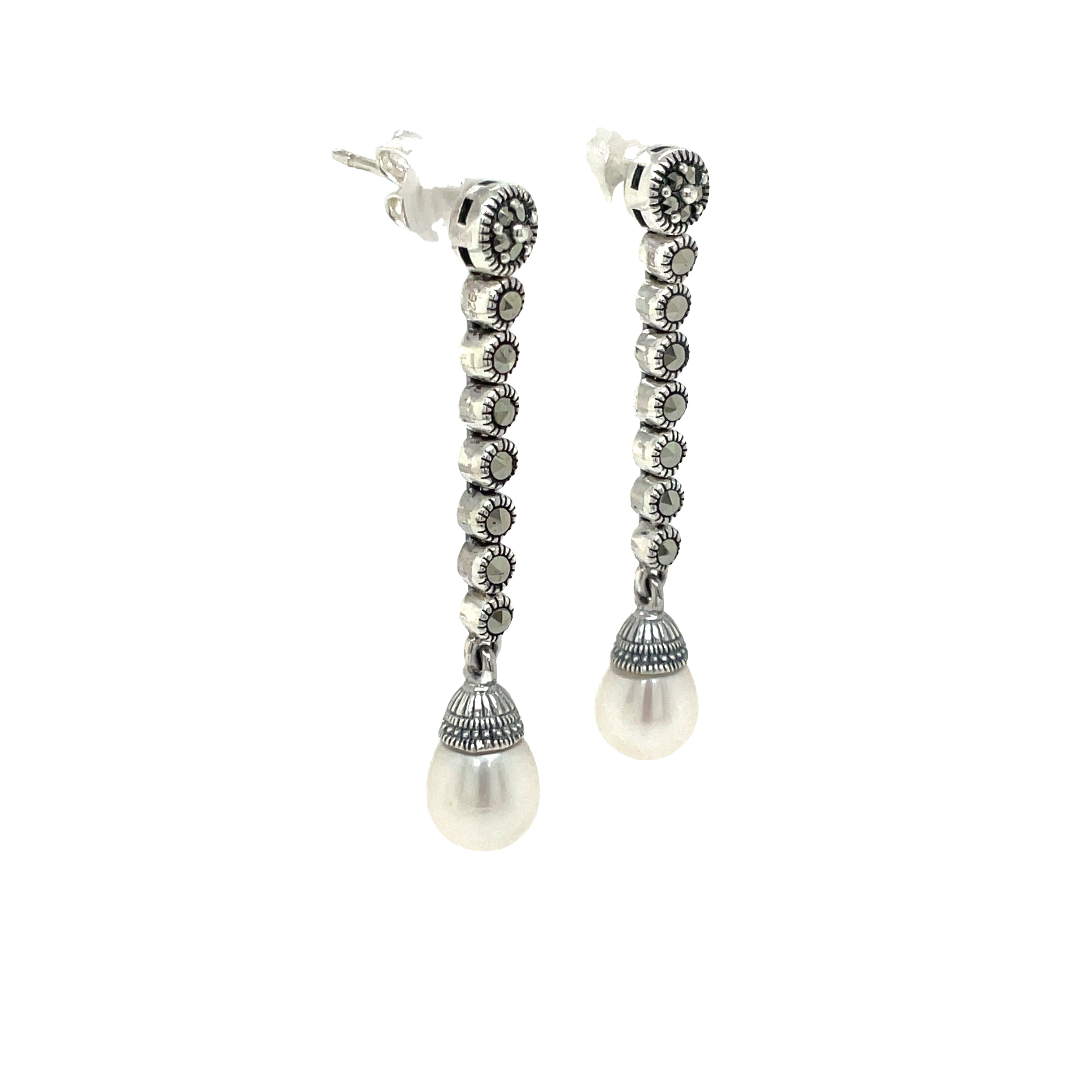 Sterling Silver Long Marcasite and Freshwater Pearl Drop Earrings