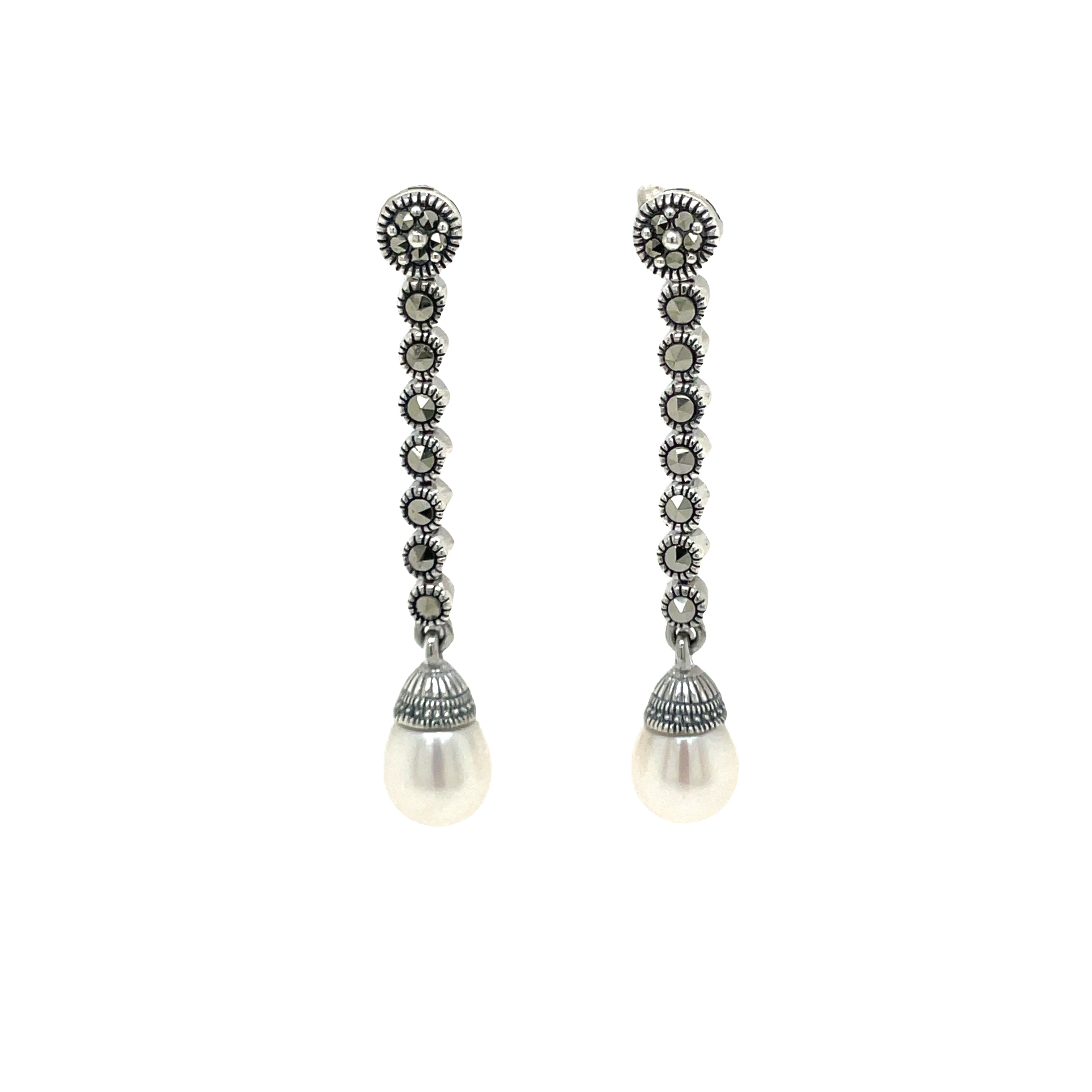 Sterling Silver Long Marcasite and Freshwater Pearl Drop Earrings