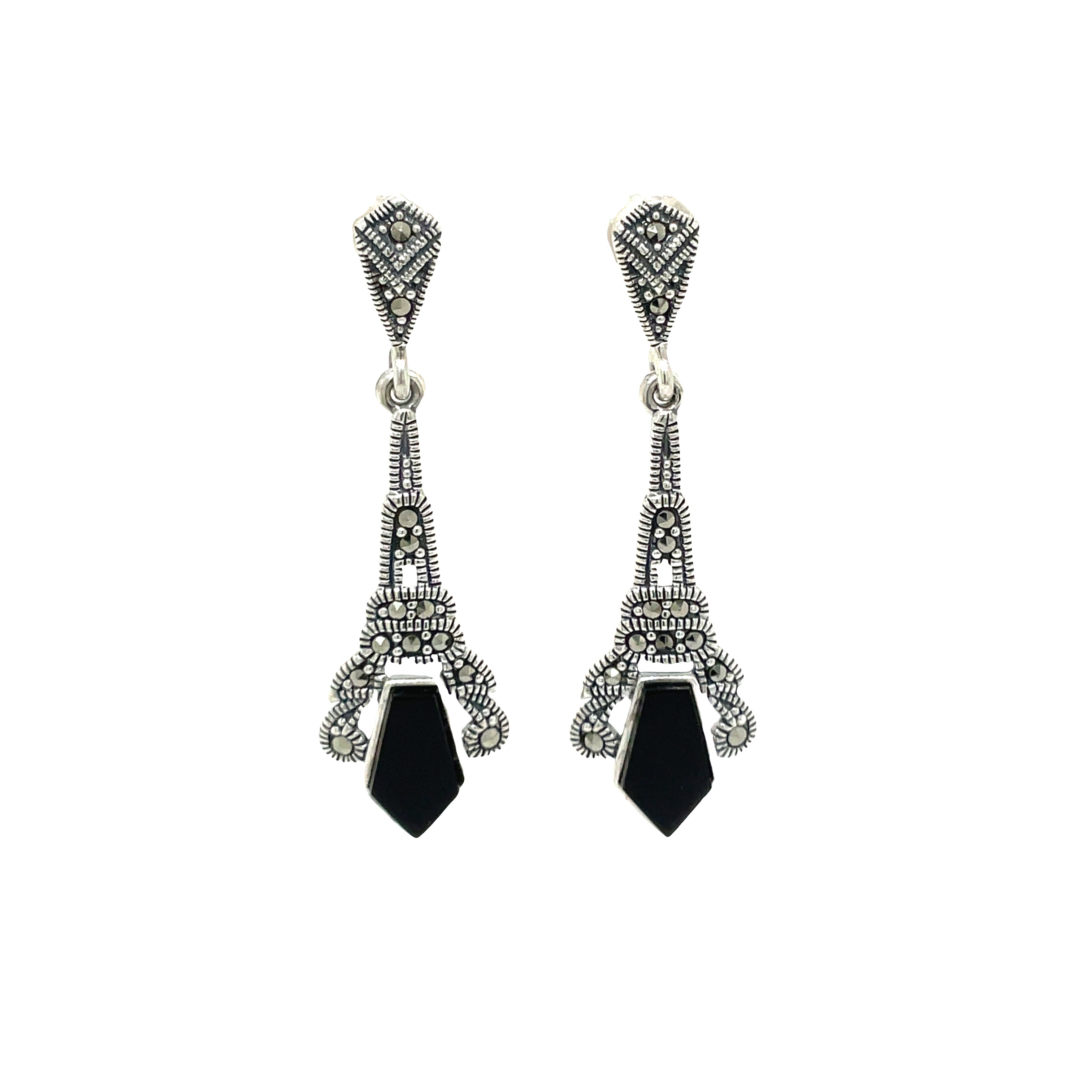 Sterling Silver Kite Black Onyx and Marcasite Drop Earrings