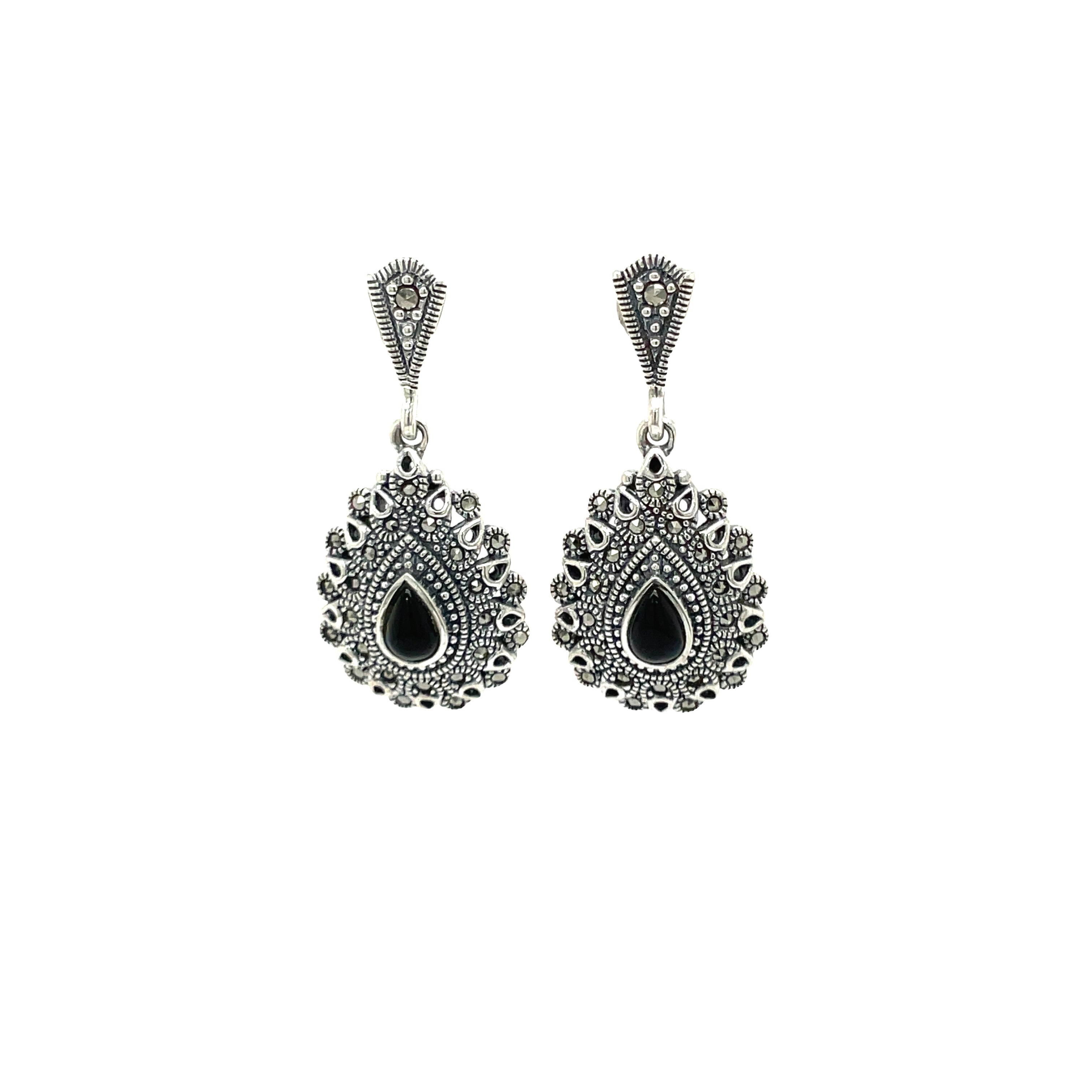 Sterling Silver Pear Black Onyx and Marcasite Drop Earrings