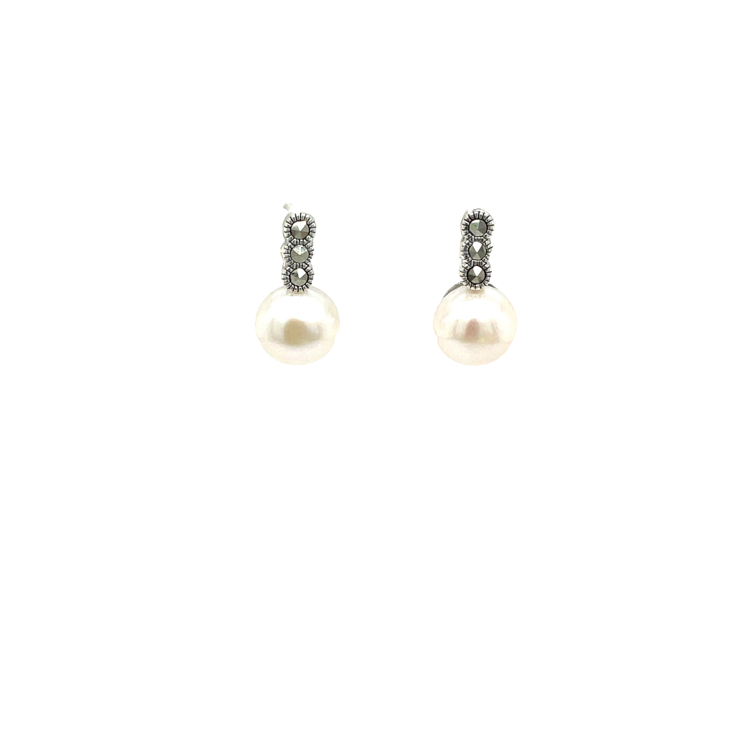 Sterling Silver Freshwater Pearl and Marcasite Small Drop Earrings