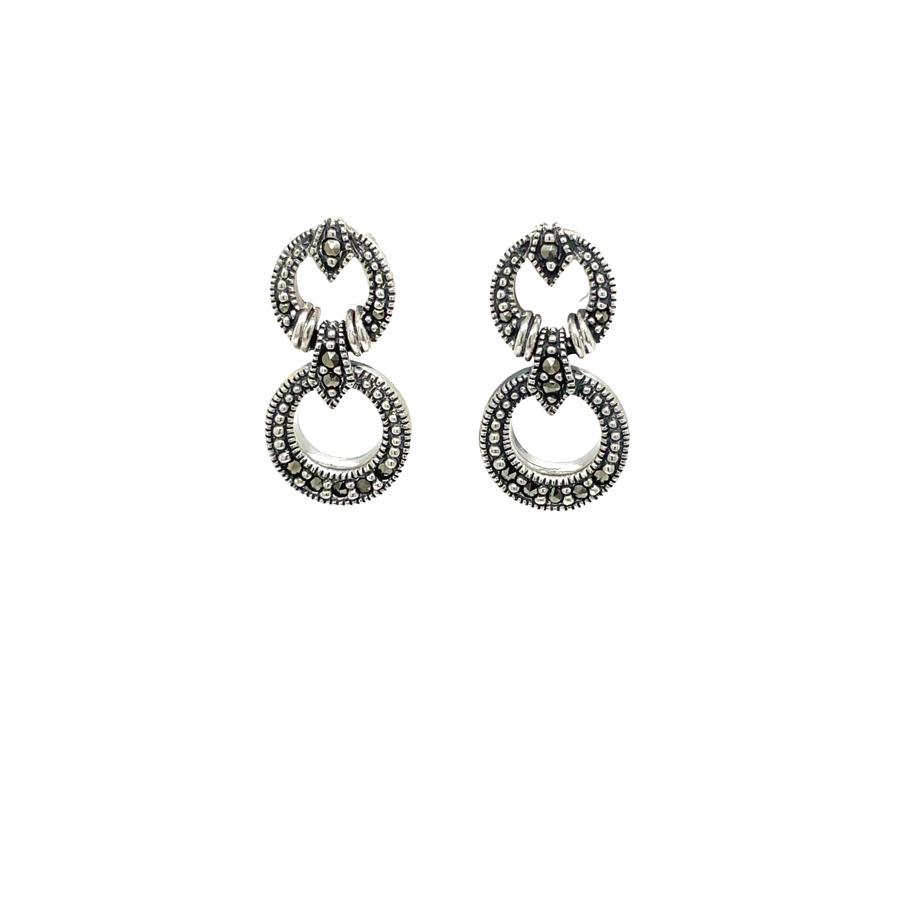 Sterling Silver Double Circle Marcasite Drop Earrings