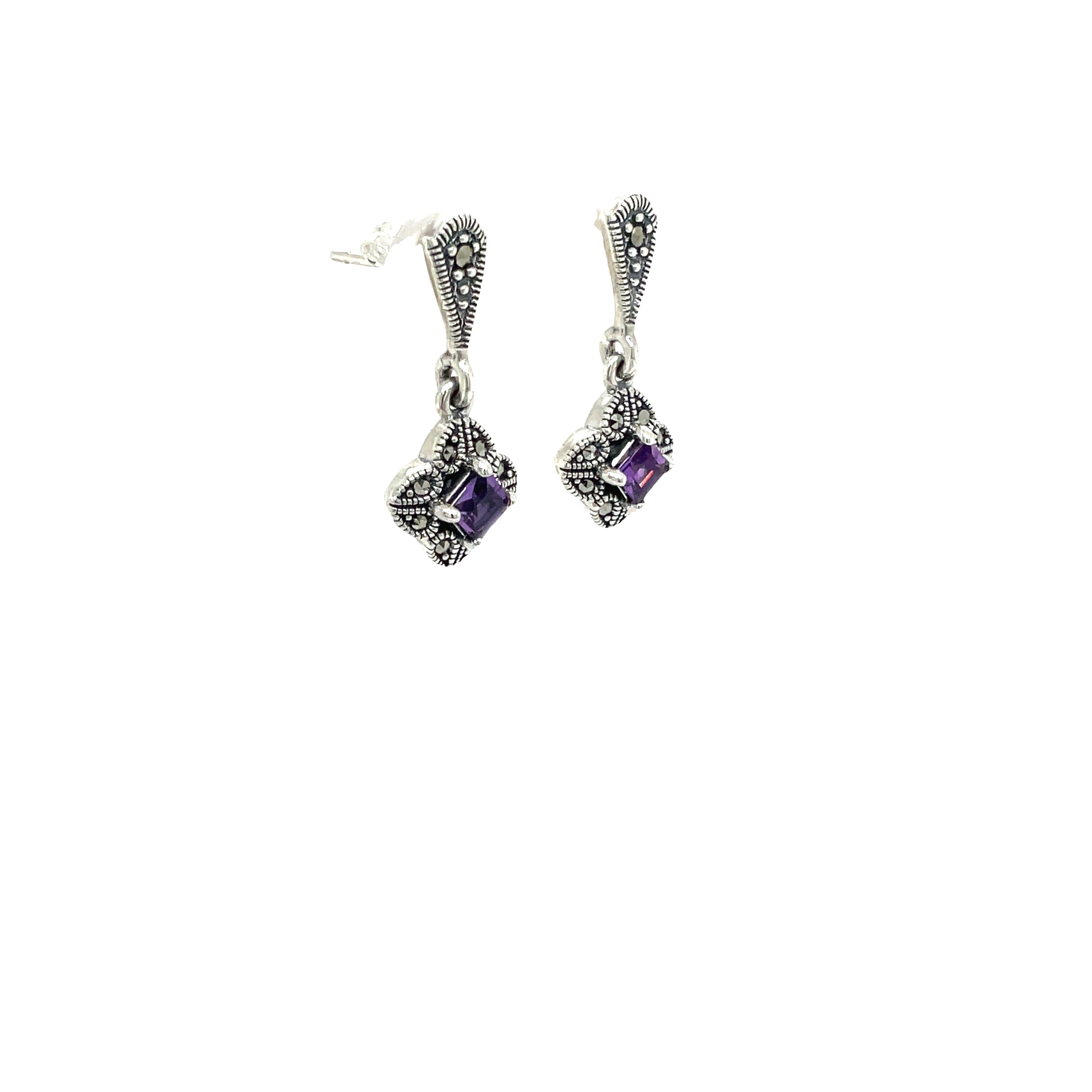 Sterling Silver Amethyst and Marcasite Cluster Drop Earrings