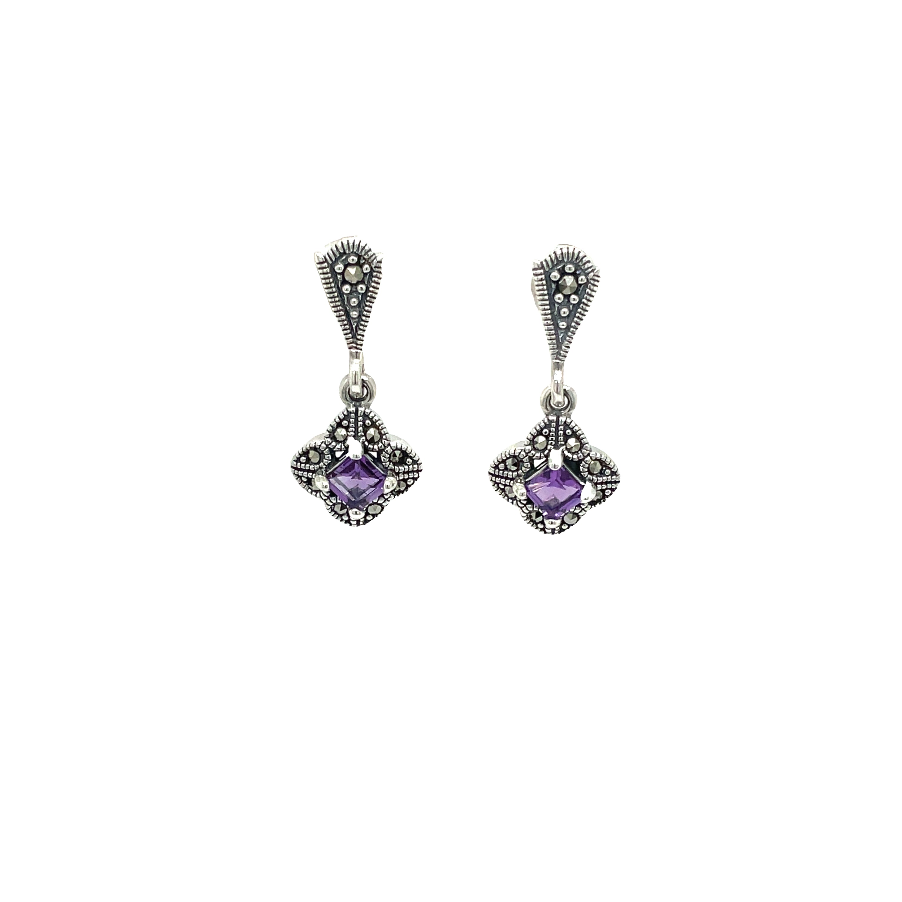 Sterling Silver Amethyst and Marcasite Cluster Drop Earrings