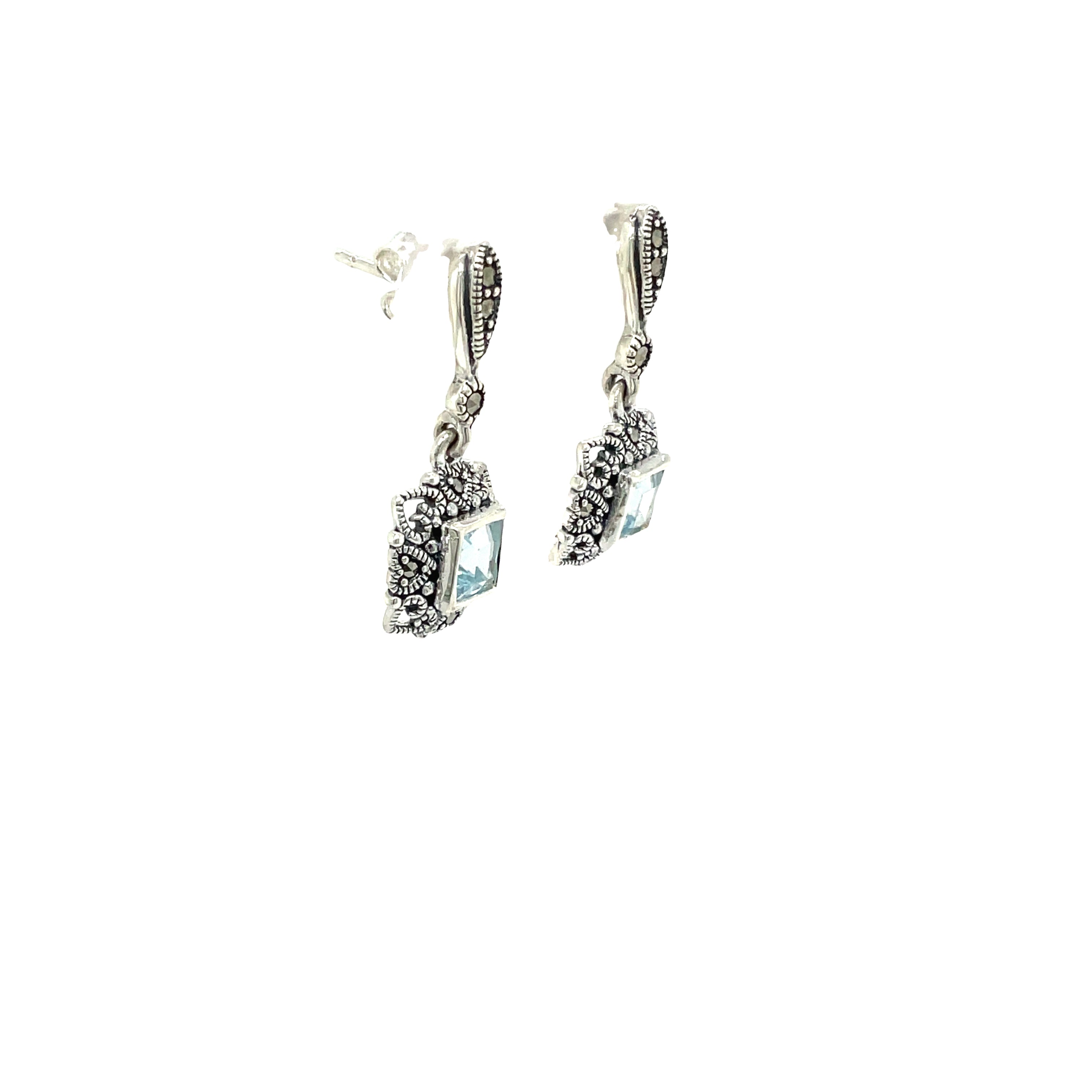 Sterling Silver Blue Topaz and Marcasite Square Drop Earrings