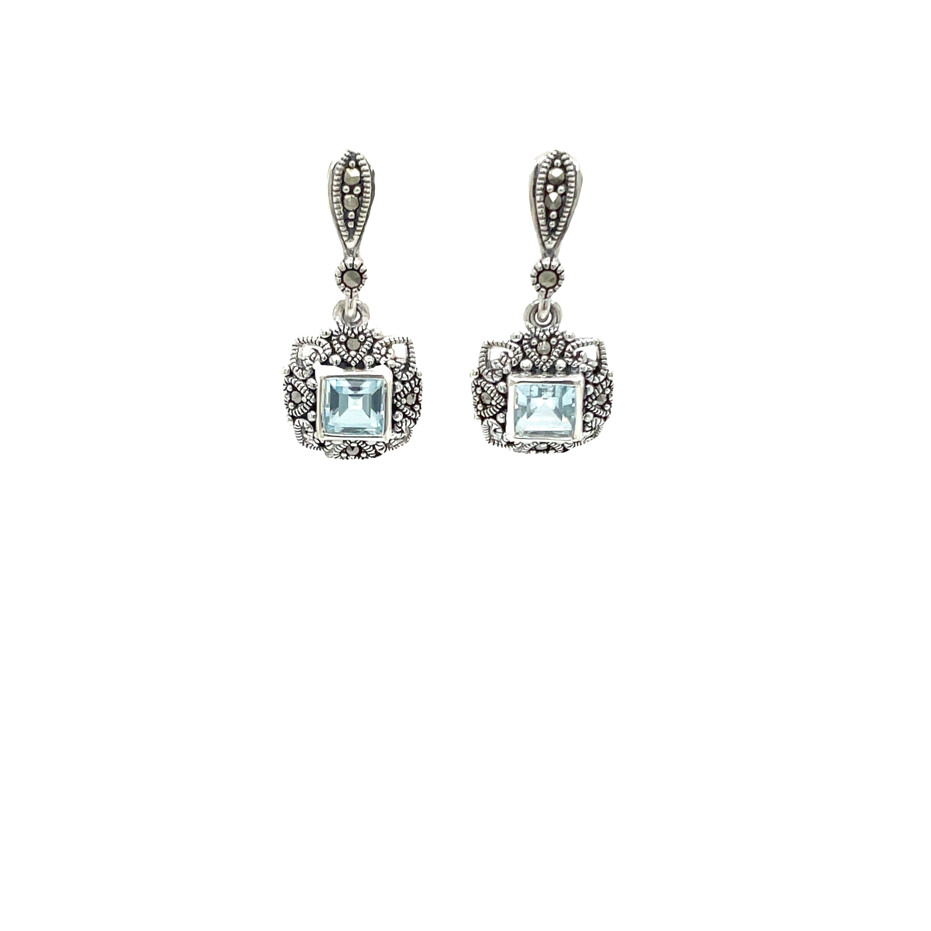 Sterling Silver Blue Topaz and Marcasite Square Drop Earrings