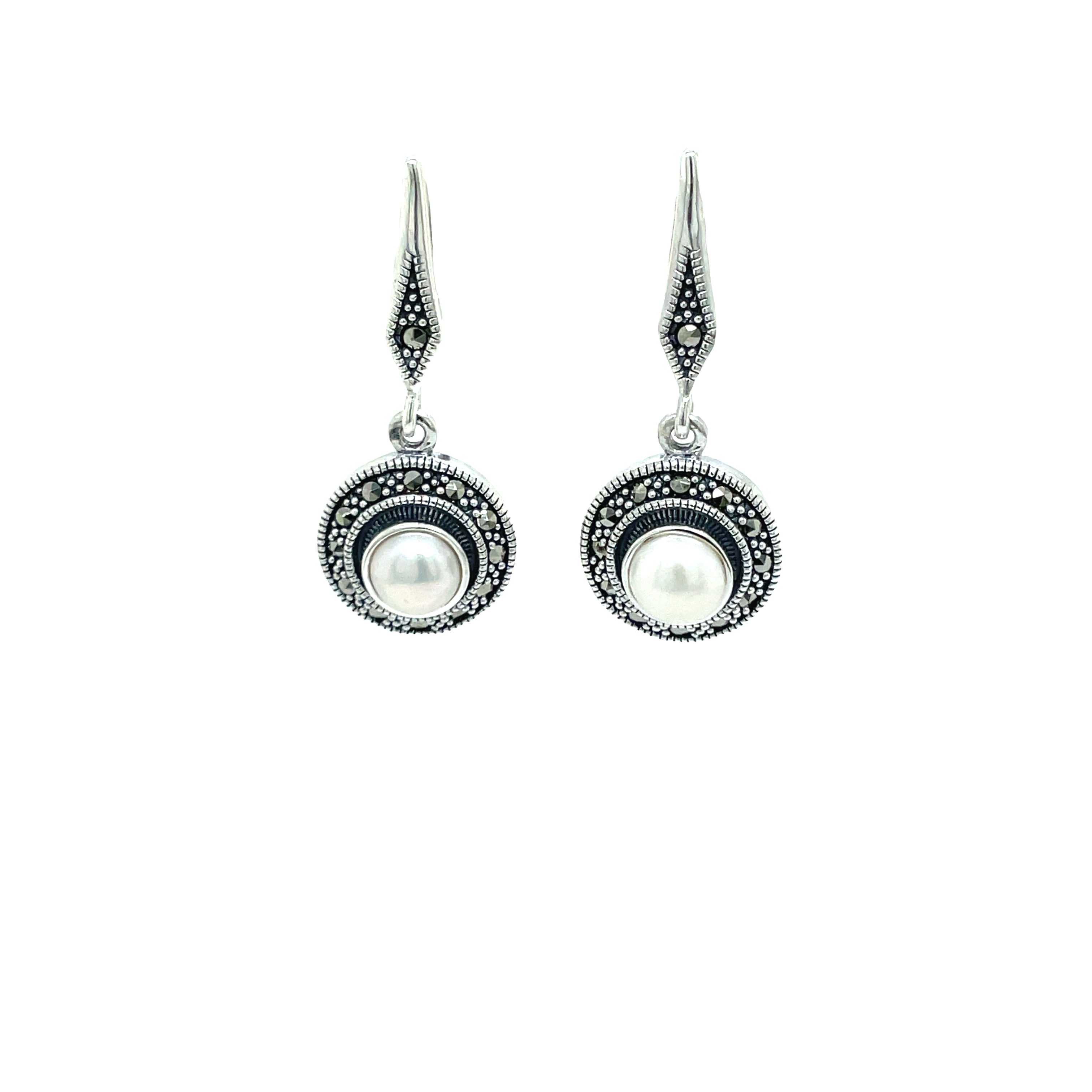 Sterling Silver Marcasite and Freshwater Pearl Disc Drop Earrings