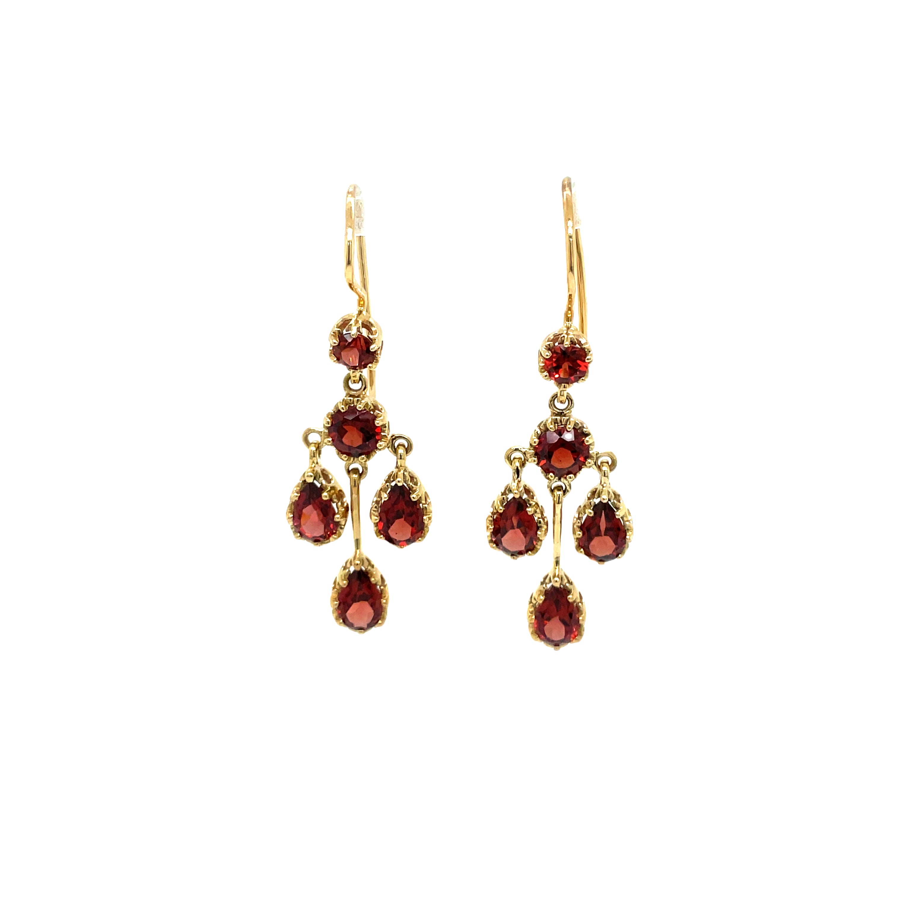 9ct Yellow Gold Garnet Chandelier Art Deco Drop Earrings