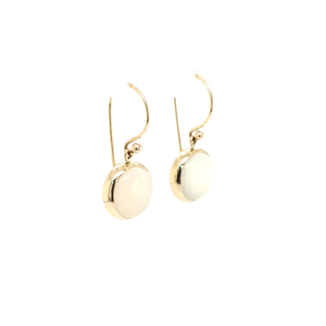9ct Yellow Gold Round White Australian Opal Drop Earrings