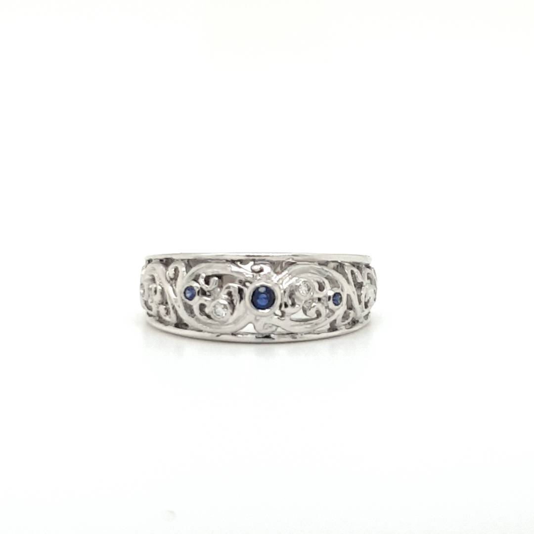 9ct White Gold Custom Made Sapphire and Diamond Scroll Ring