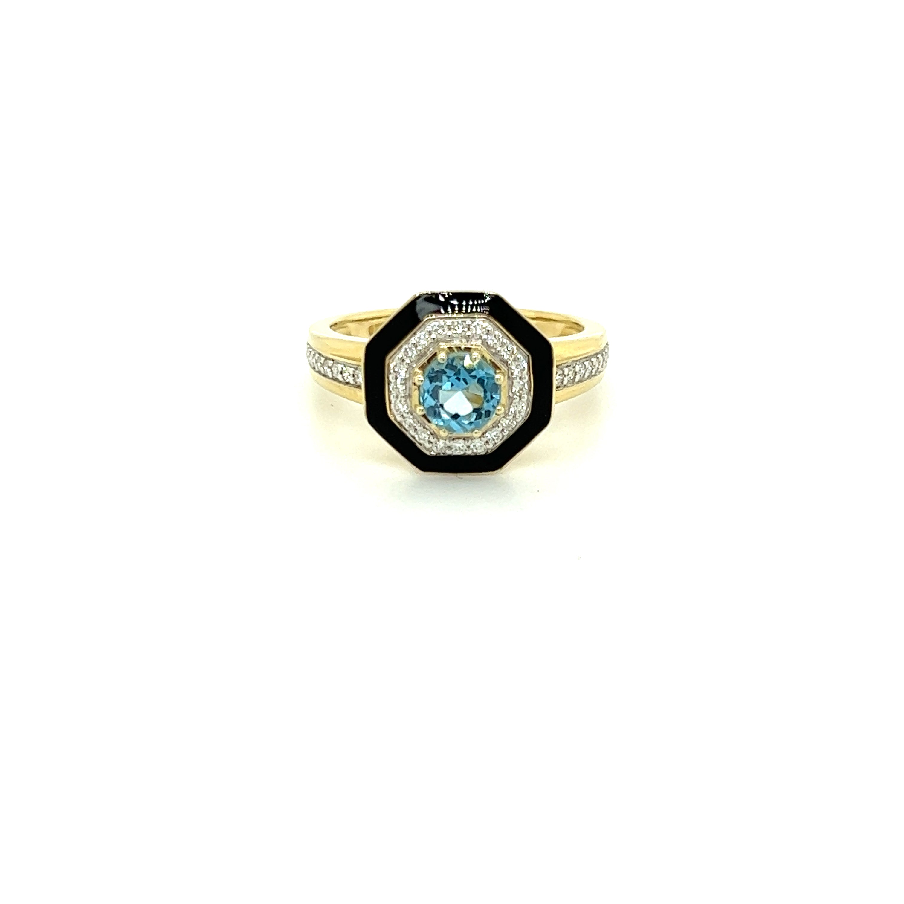 9ct yellow gold blue topaz, black enamel and diamond ring.