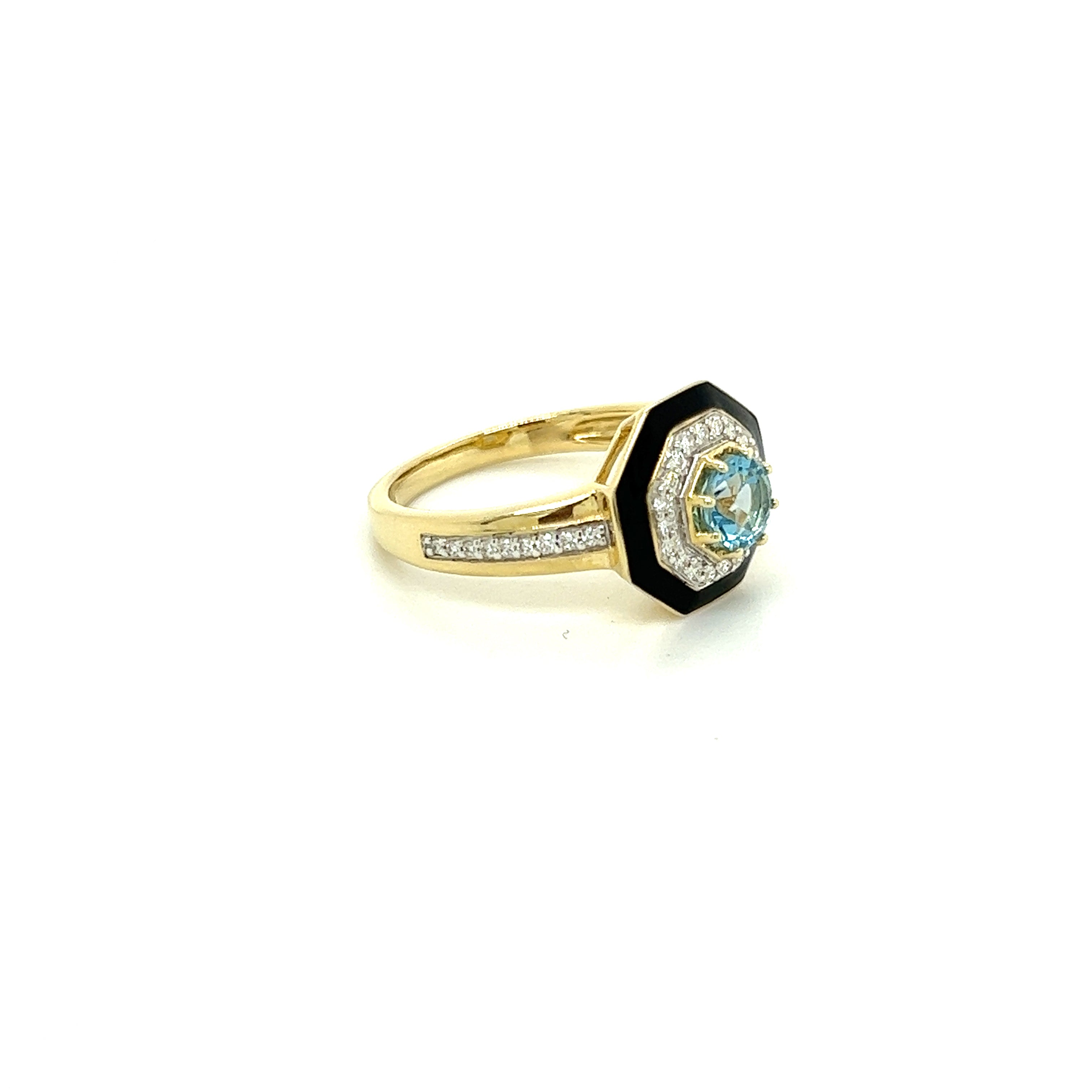 9ct yellow gold blue topaz, black enamel and diamond ring.
