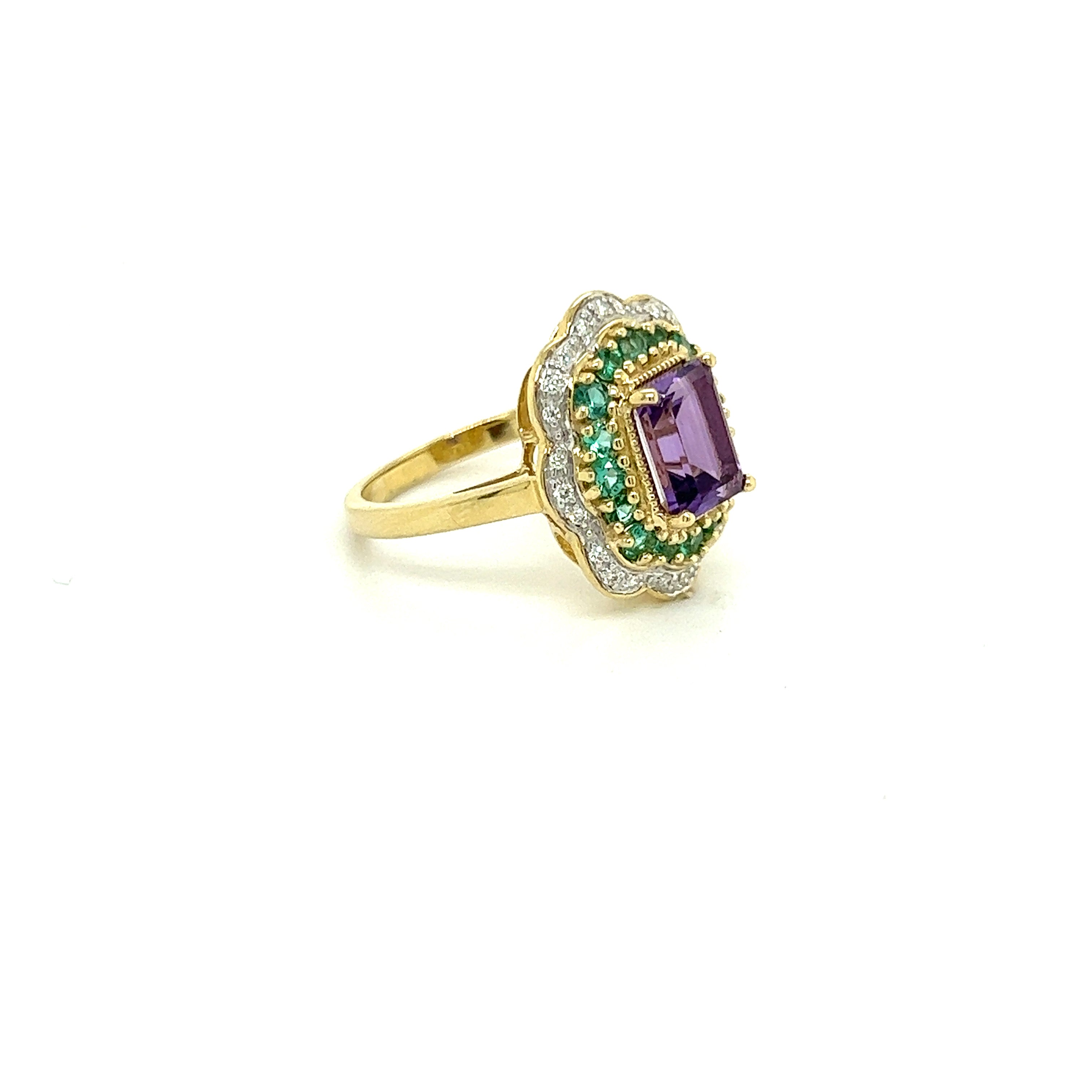 9ct yellow gold amethyst, emerald and diamond ring.