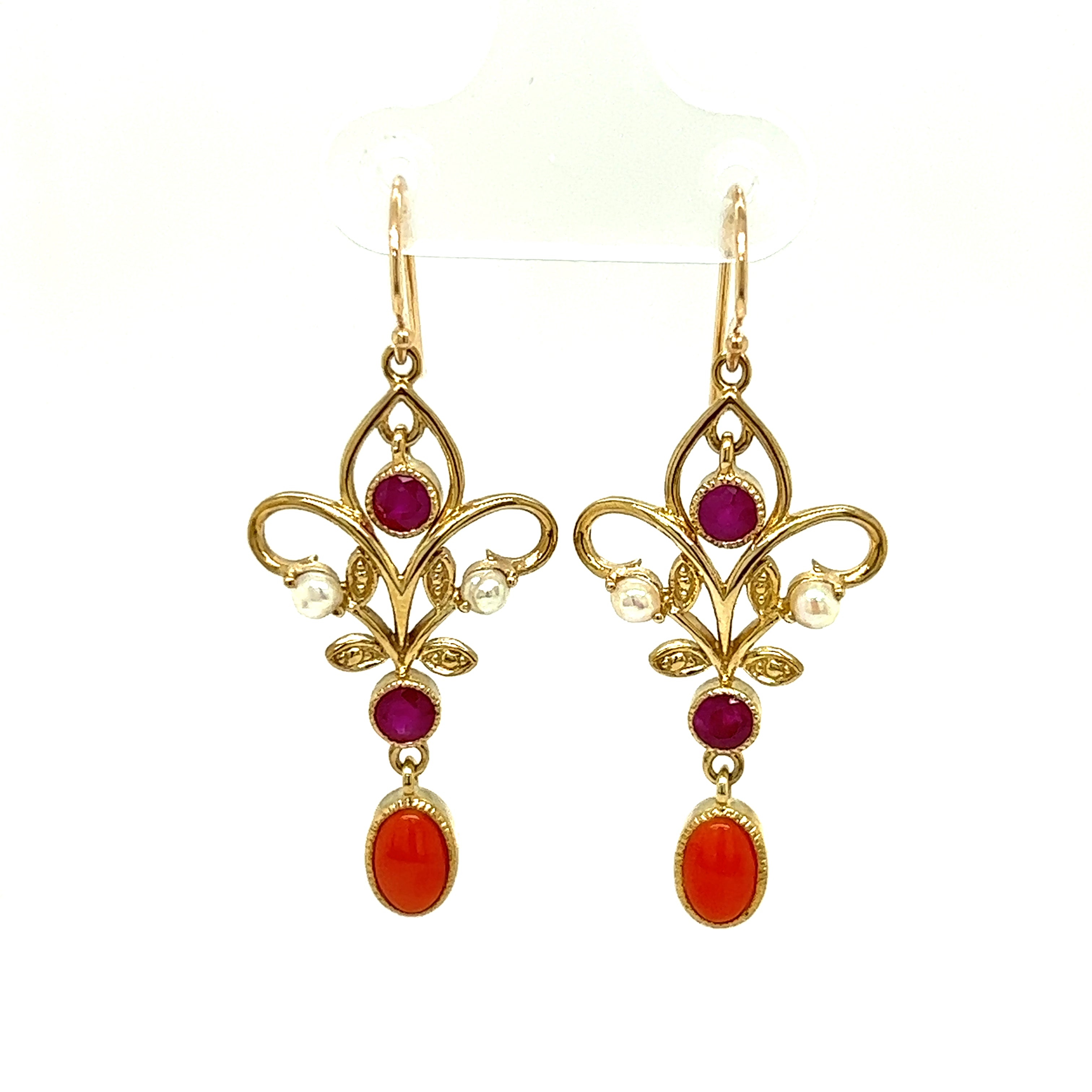 9ct yellow gold ruby, coral and seed pearl earrings