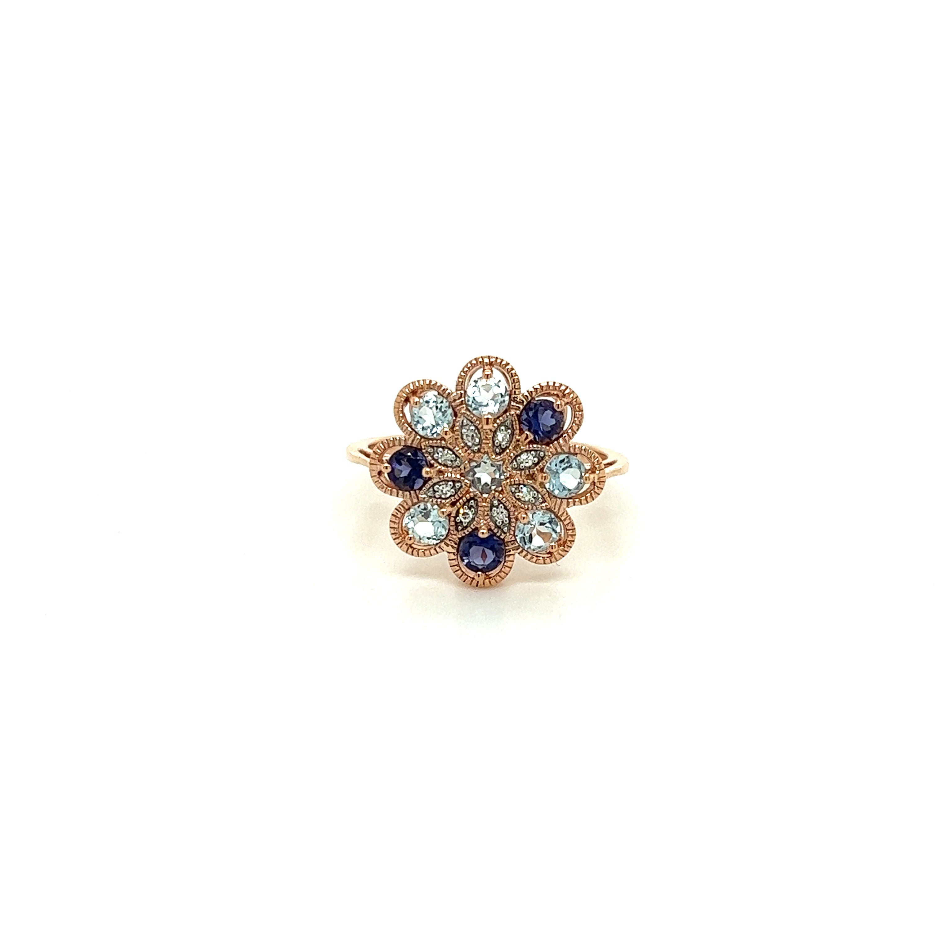9ct rose gold blue topaz, iolite & diamond ring