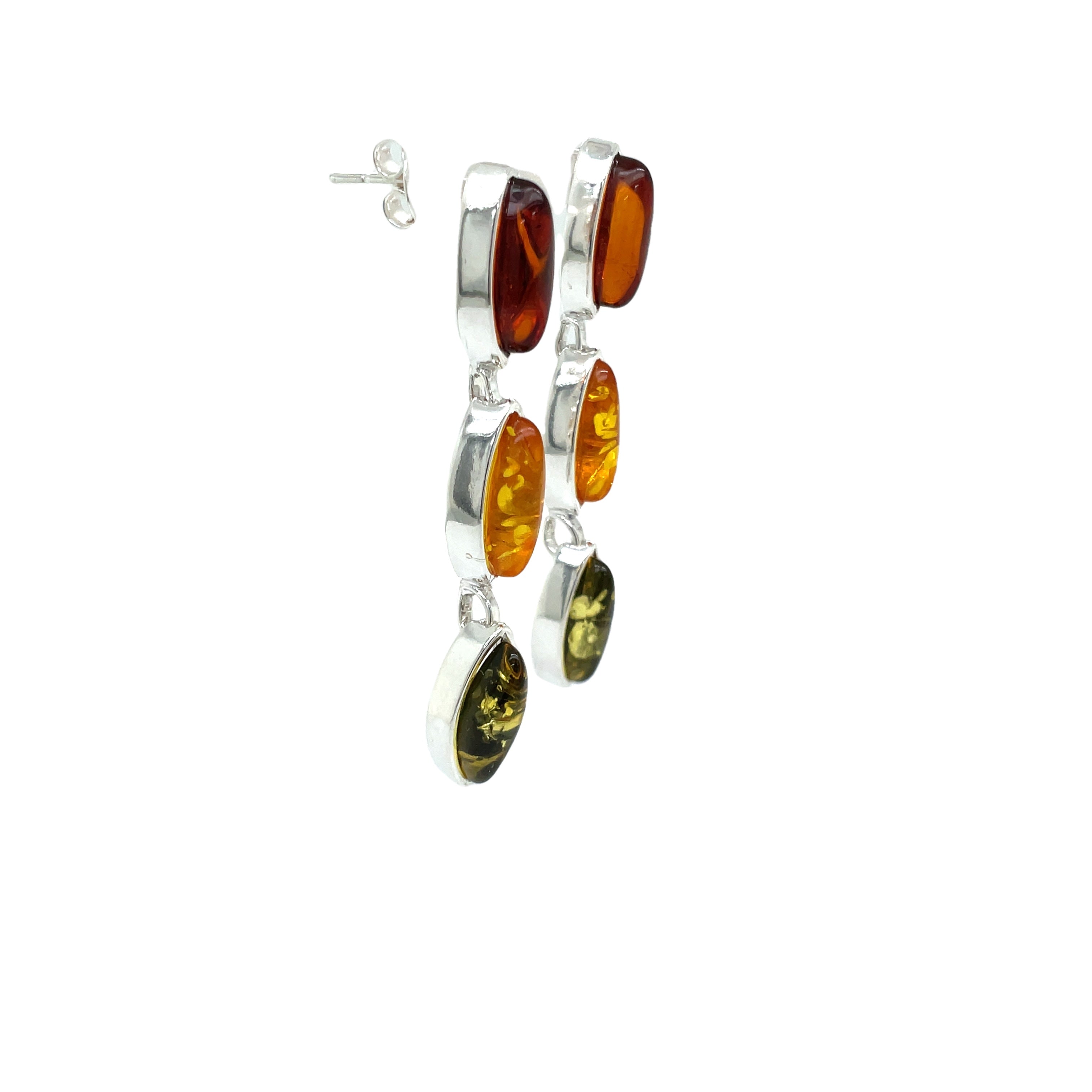 Sterling Silver Multi-Coloured Amber Drop Stud Earrings