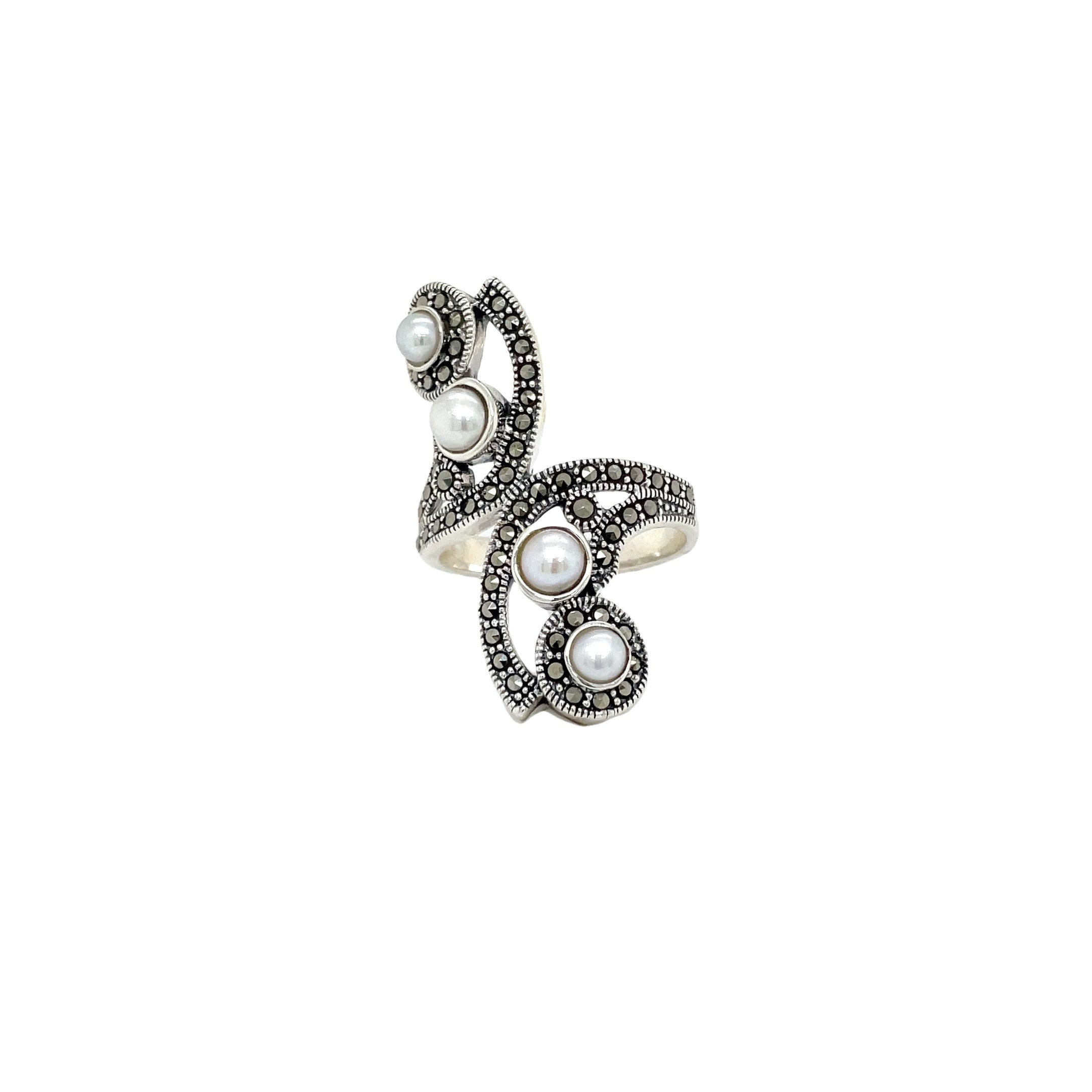 Sterling Silver Freshwater Pearl and Marcasite Dress Ring