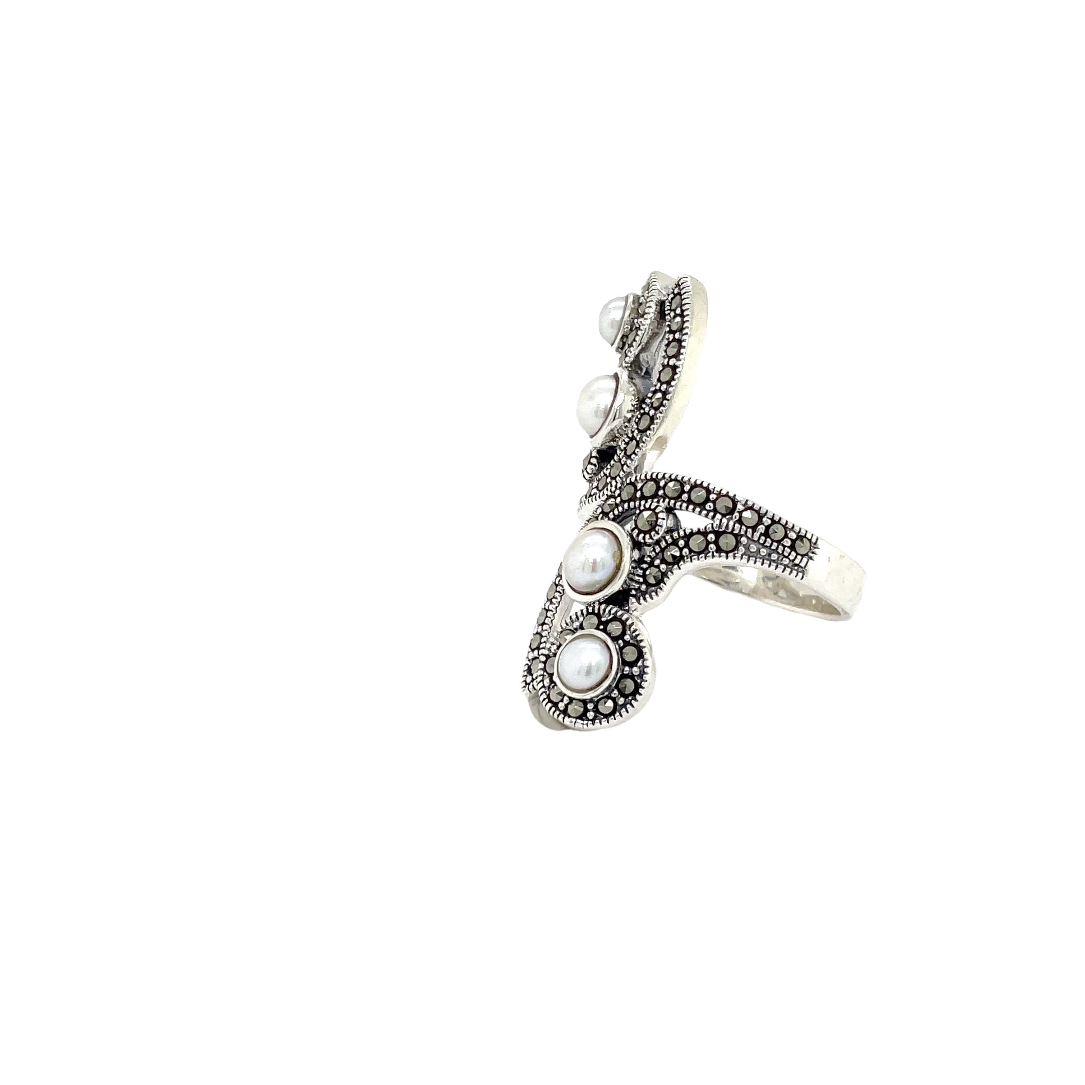 Sterling Silver Freshwater Pearl and Marcasite Dress Ring