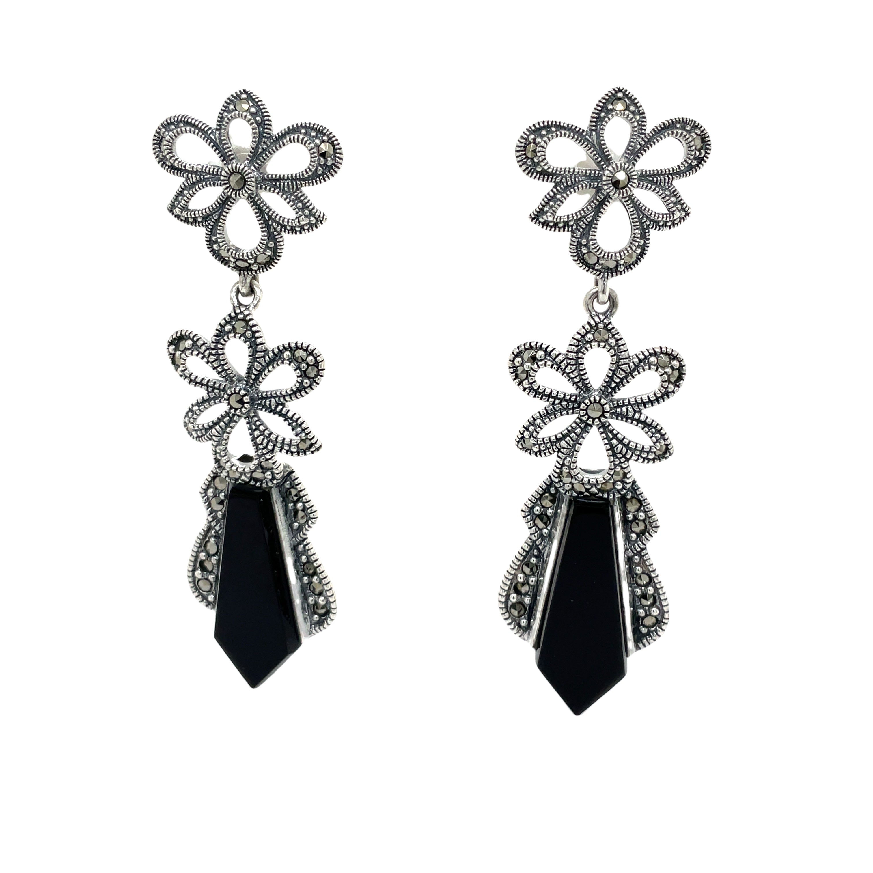 Sterling Silver Onyx and Marcasite Double Flower Drop Earrings