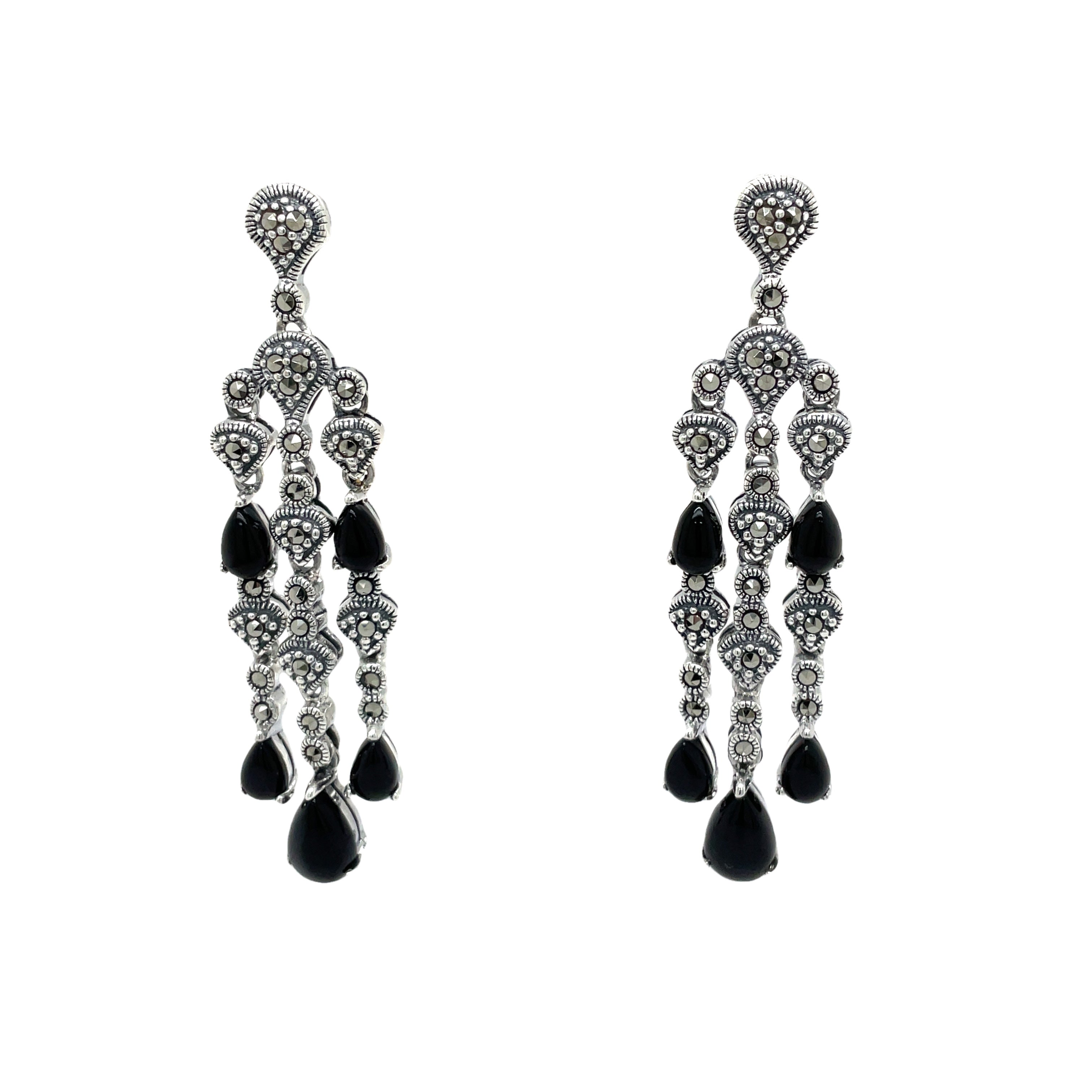 Sterling Silver Onyx and Marcasite Tassell Drop Stud Earrings