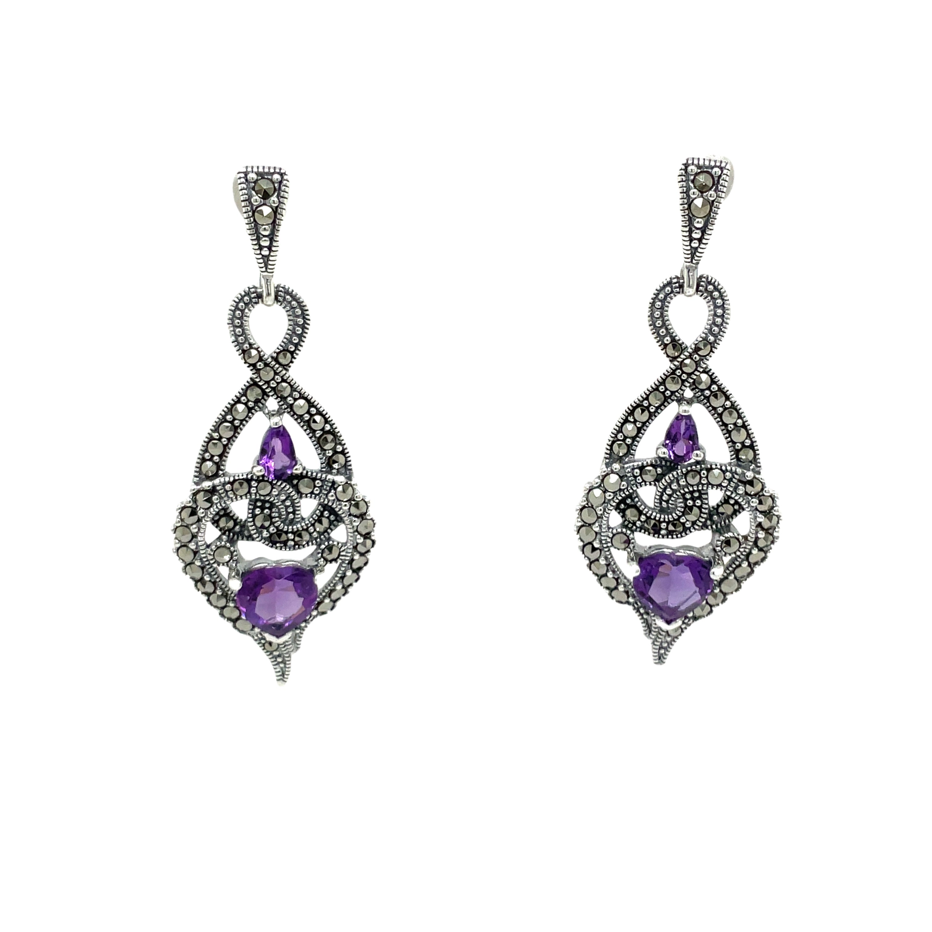 Sterling Silver Amethyst and Marcasite Patterned Earrings