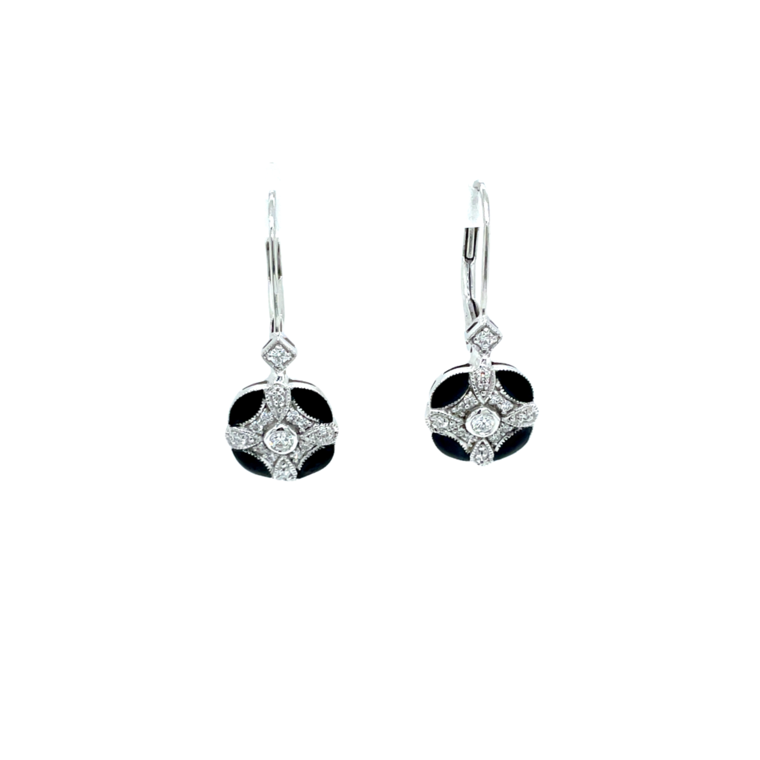 9ct White Gold Art Deco Diamond and Black Enamel Earrings