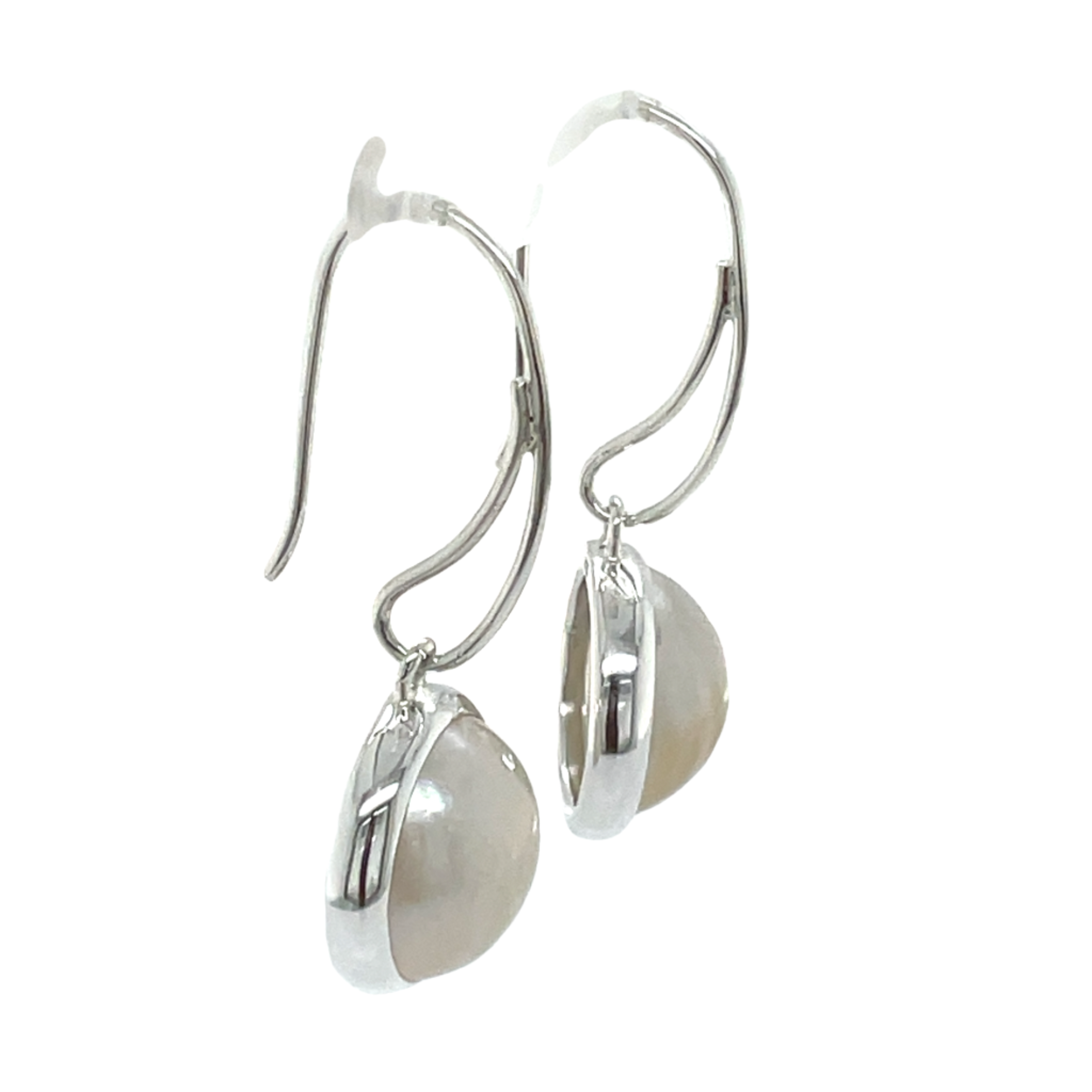 Sterling Silver Round Mabe Pearl Long Drop Earrings