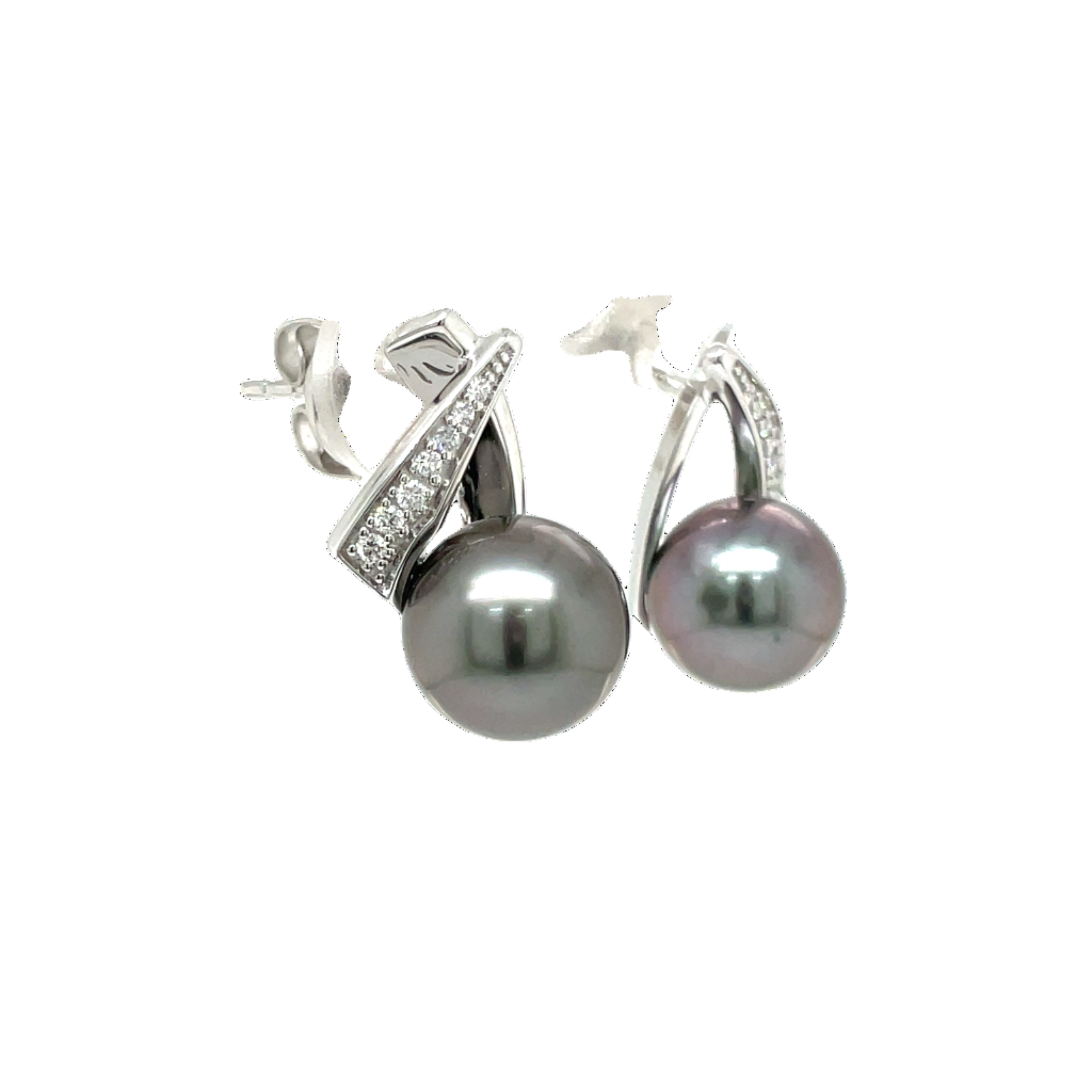 9ct White Gold Tahitian Pearl and Diamond Stud Earrings