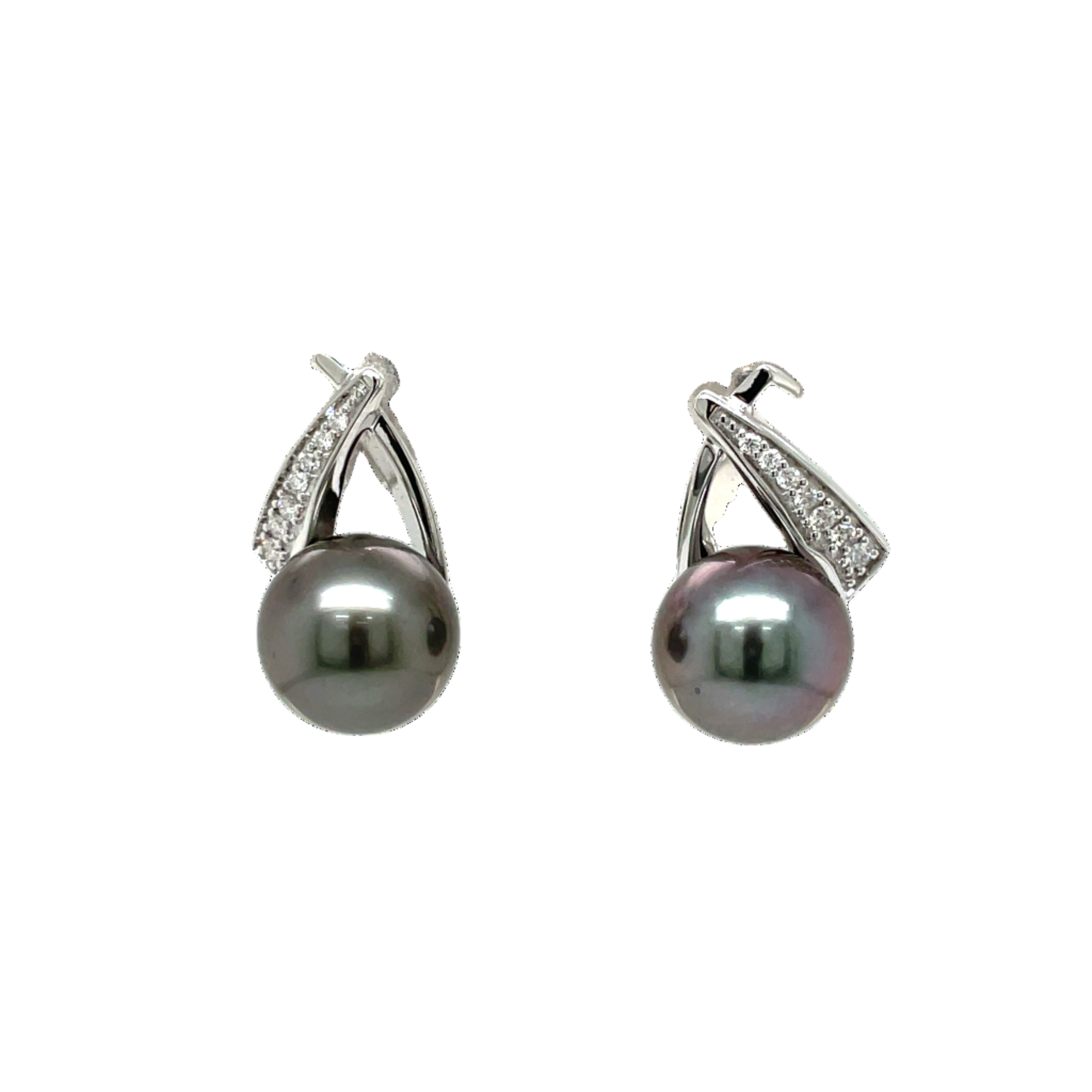9ct White Gold Tahitian Pearl and Diamond Stud Earrings