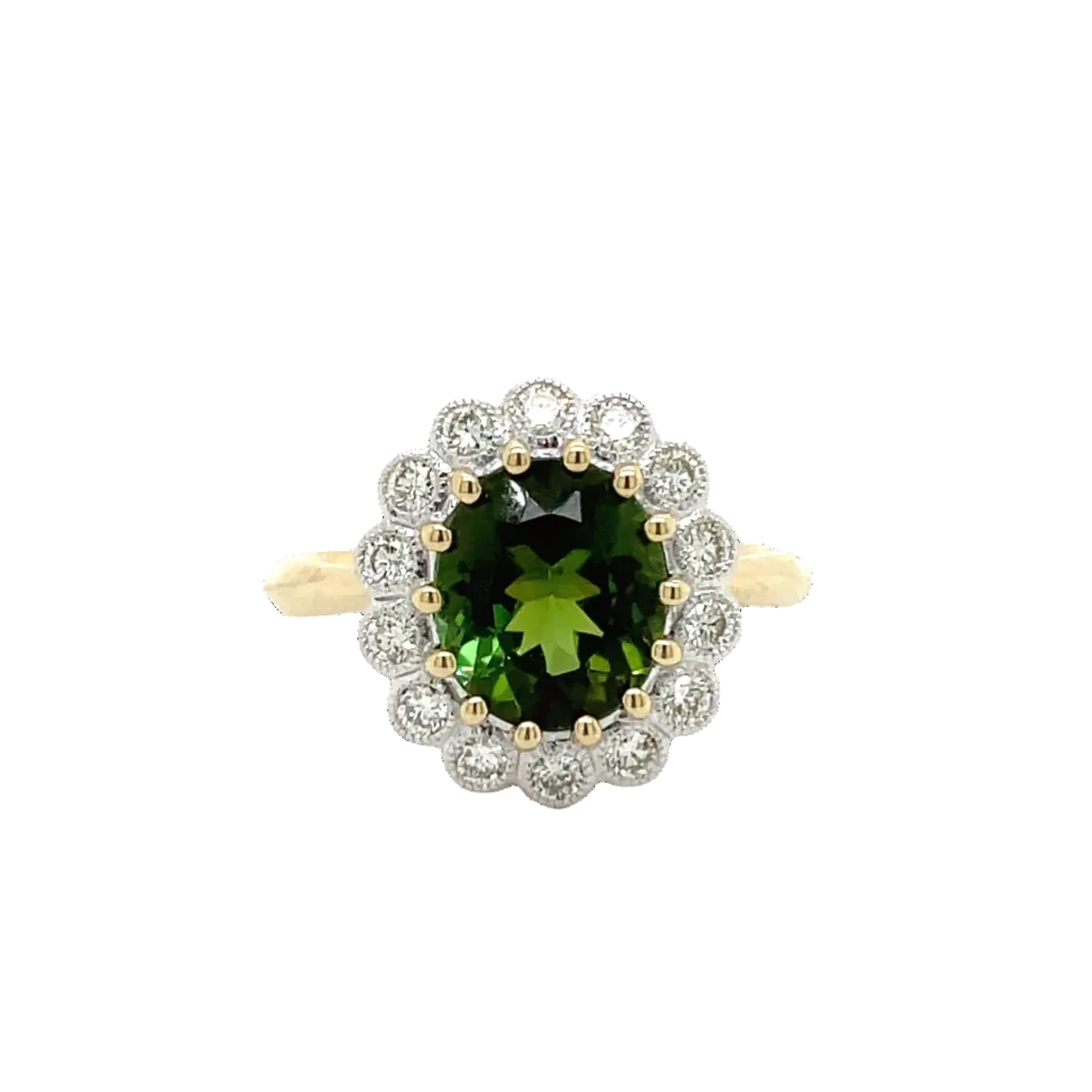 9ct Yellow and White Gold Green Tourmaline and Natural Diamond Dress Ring