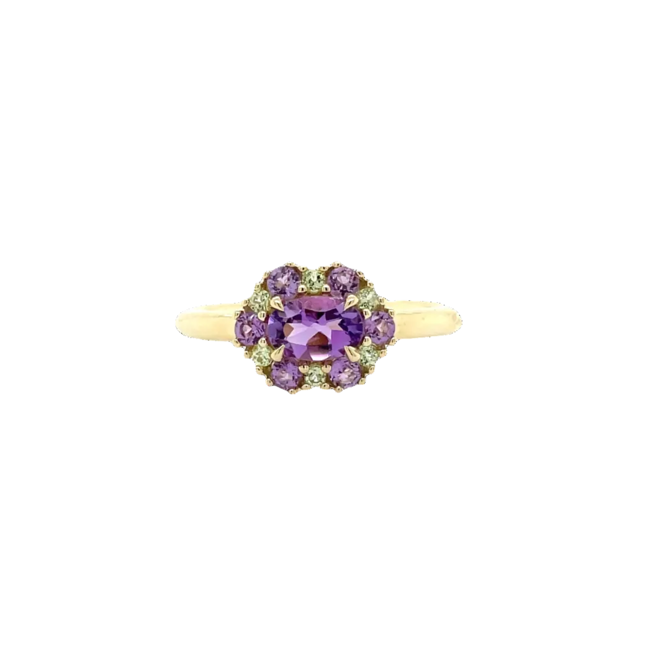 9ct Yellow Gold Amethyst and Peridot Cluster Dress Ring