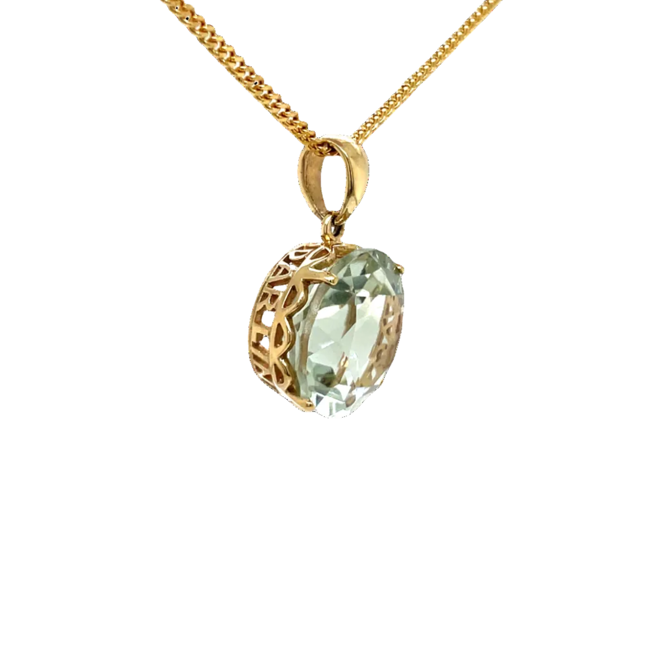 9ct Yellow Gold Ornate Cage Green Amethyst Pendant