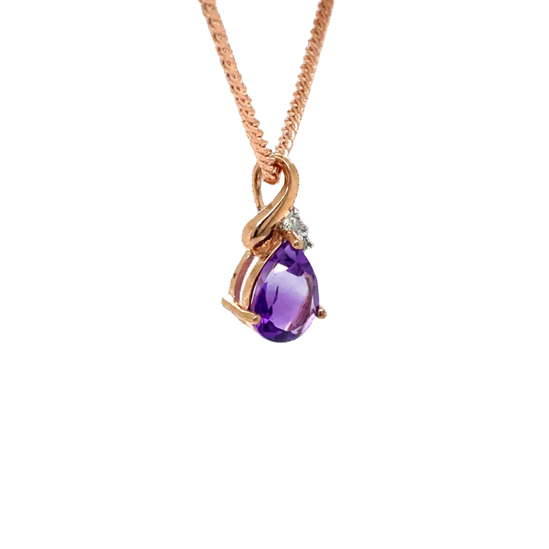 9ct Rose Gold Pear Amethyst and Natural Diamond Pendant