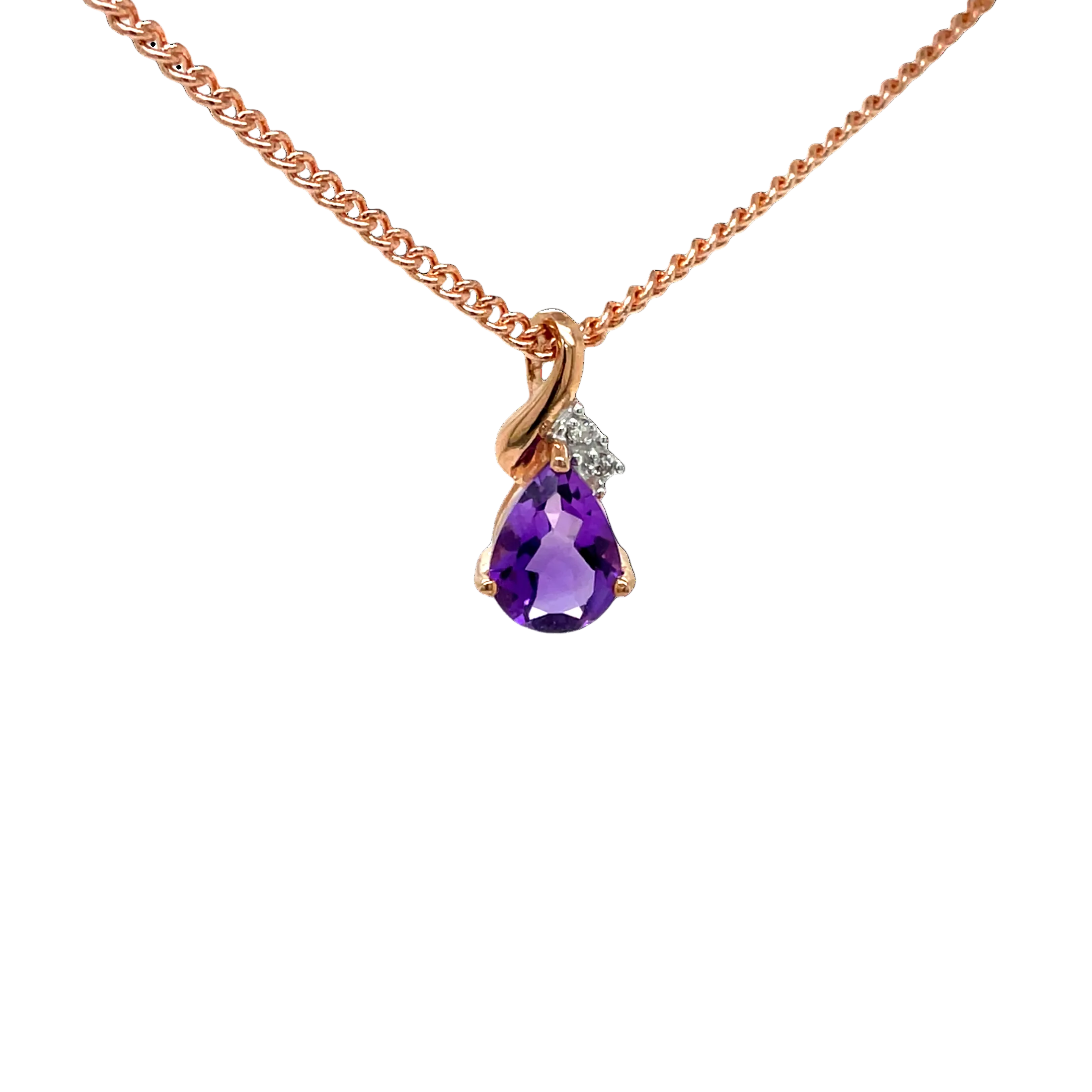 9ct Rose Gold Pear Amethyst and Natural Diamond Pendant