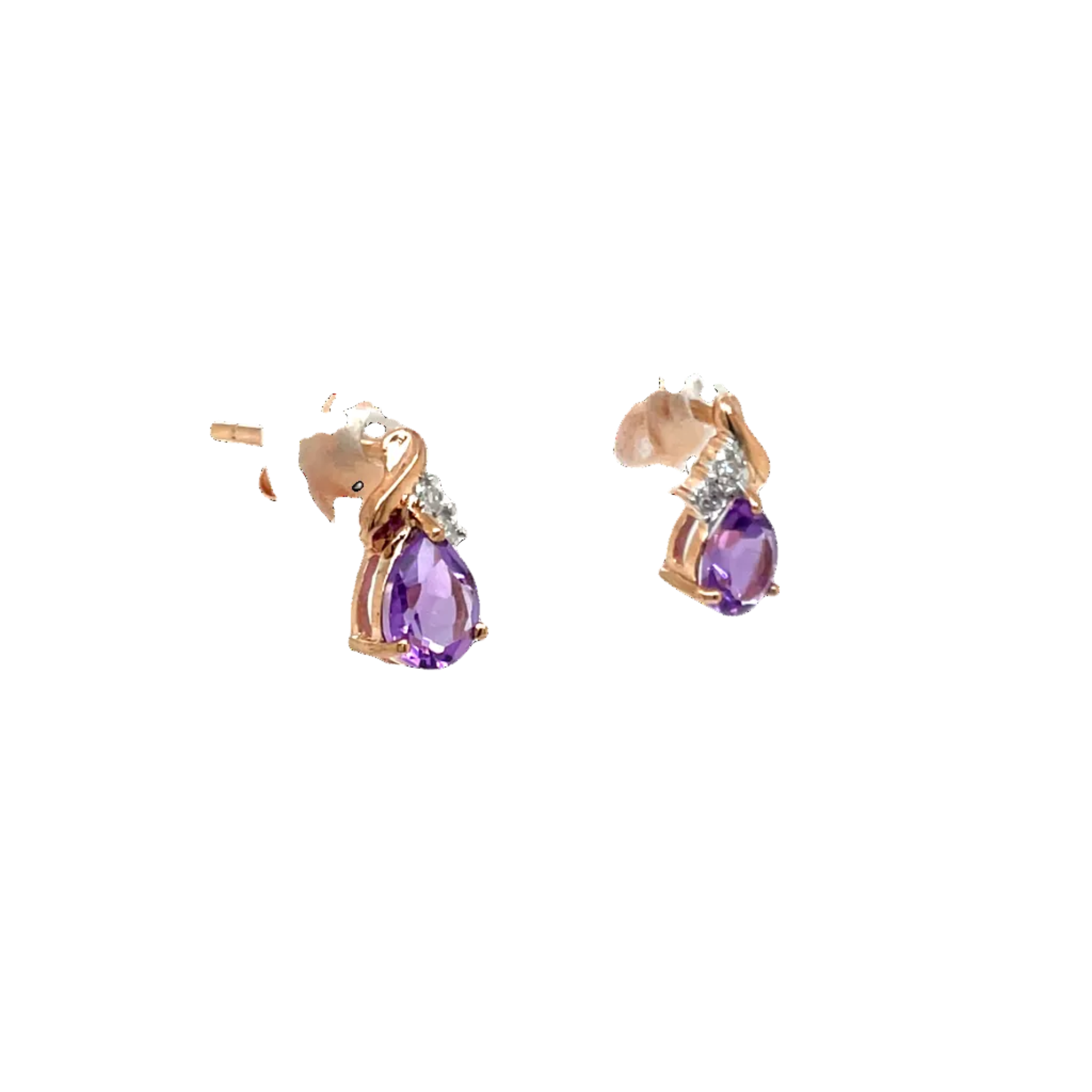 9ct Rose Gold Pear Amethyst and Natural Diamond Stud Earrings