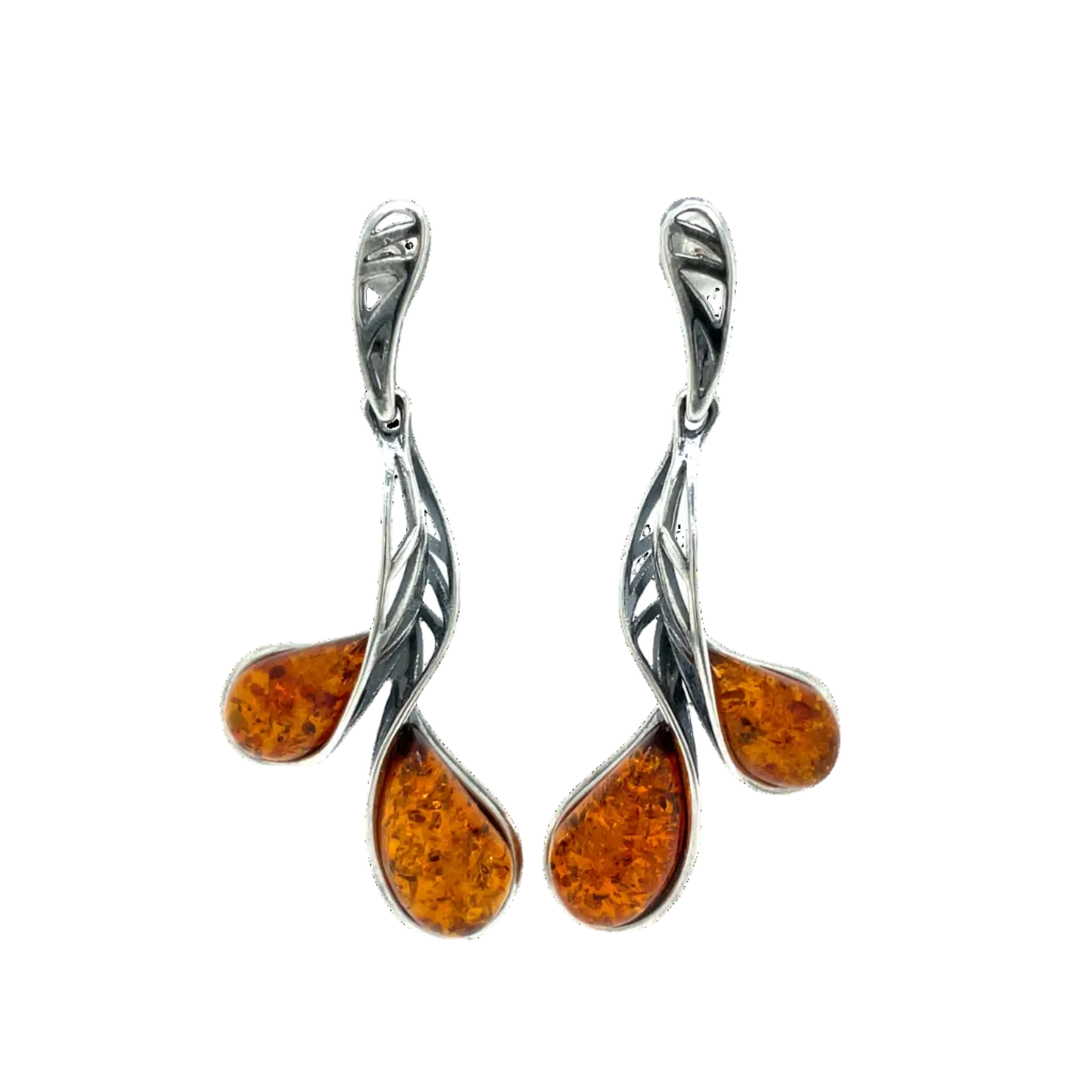 Sterling Silver Double Long Pear Amber Drop Earrings
