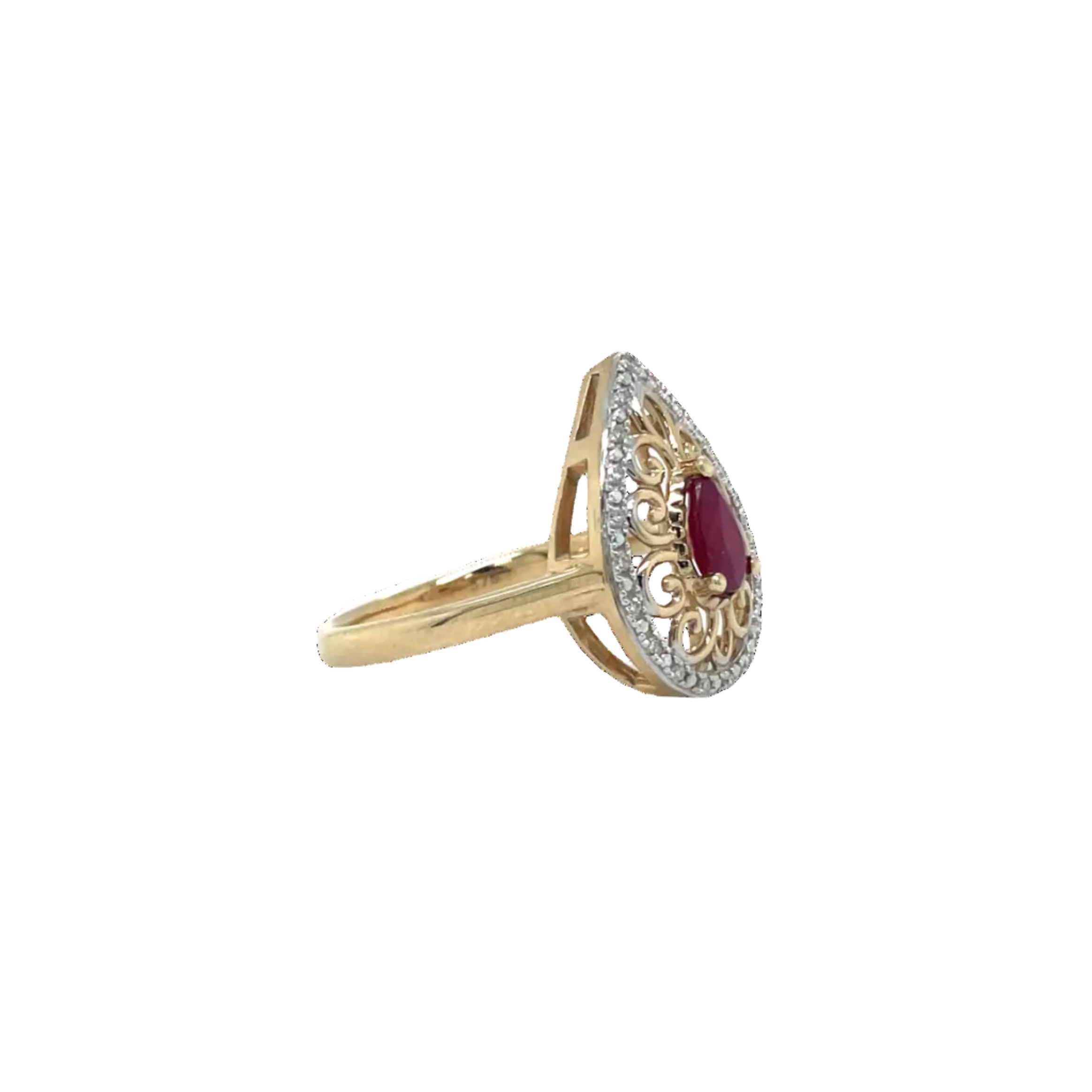 9ct Yellow Gold Pear Ruby and Natural Diamond Filagree Dress Ring