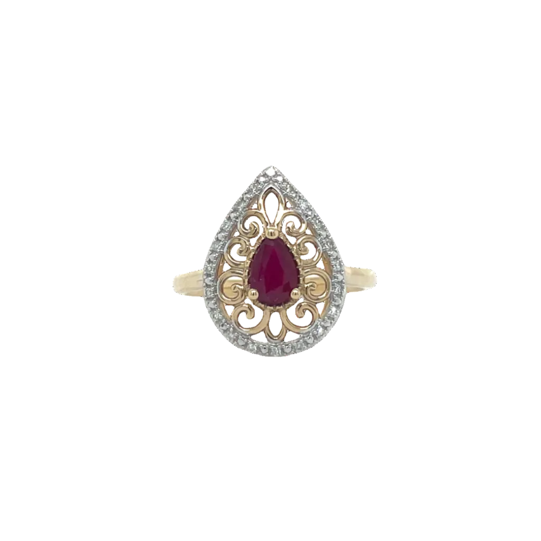 9ct Yellow Gold Pear Ruby and Natural Diamond Filagree Dress Ring