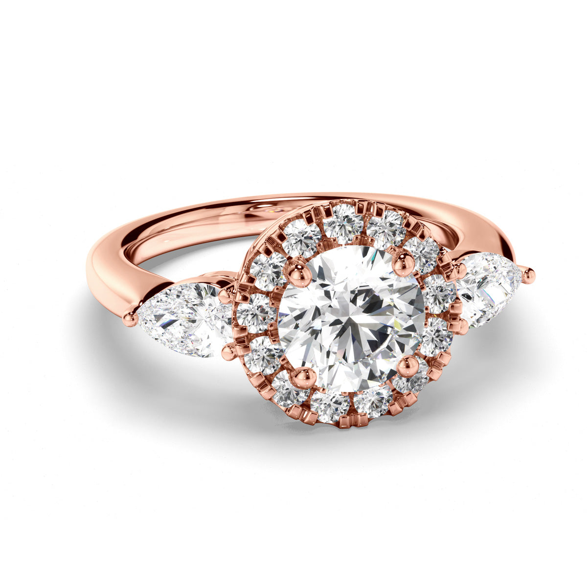 Round Brilliant Cut Diamond Halo Trilogy Engagement Ring with Pear Sides